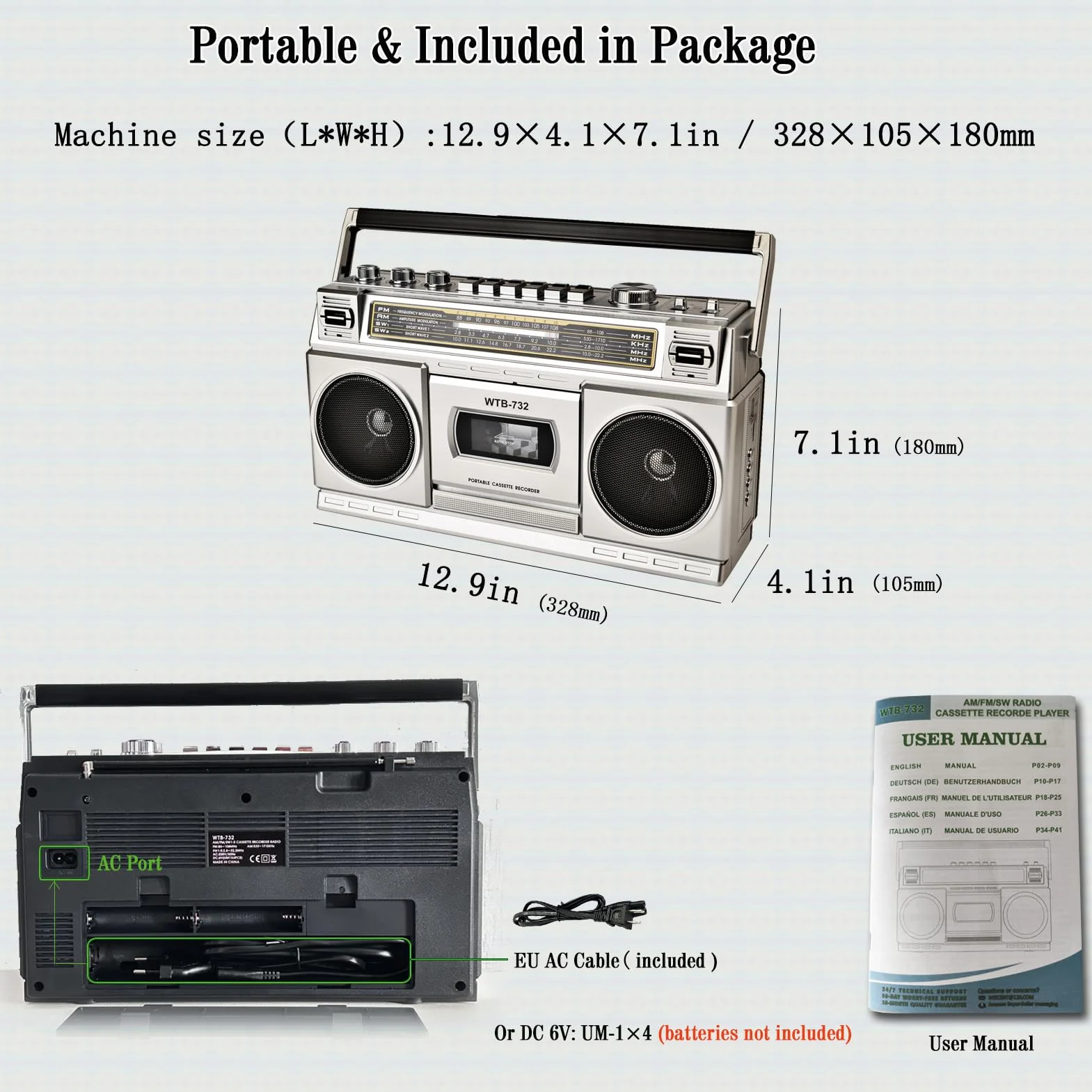Boombox Retro de los 80 con Bluetooth y Reproductor de Casete | Radio Am/FM/OL, Sonido de Graves Potente 24W, Reproducción USB & Micro SD - Toma de Auriculares y Portátil para Interior/Exterior