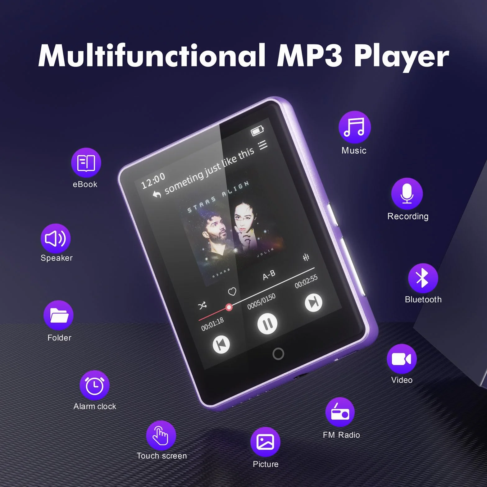 Reproductor MP3 Bluetooth 5.3, 64 GB, Pantalla táctil 2,8 Pulgadas, Sonido HiFi, Radio FM, Ampliable 128 GB (Morado)