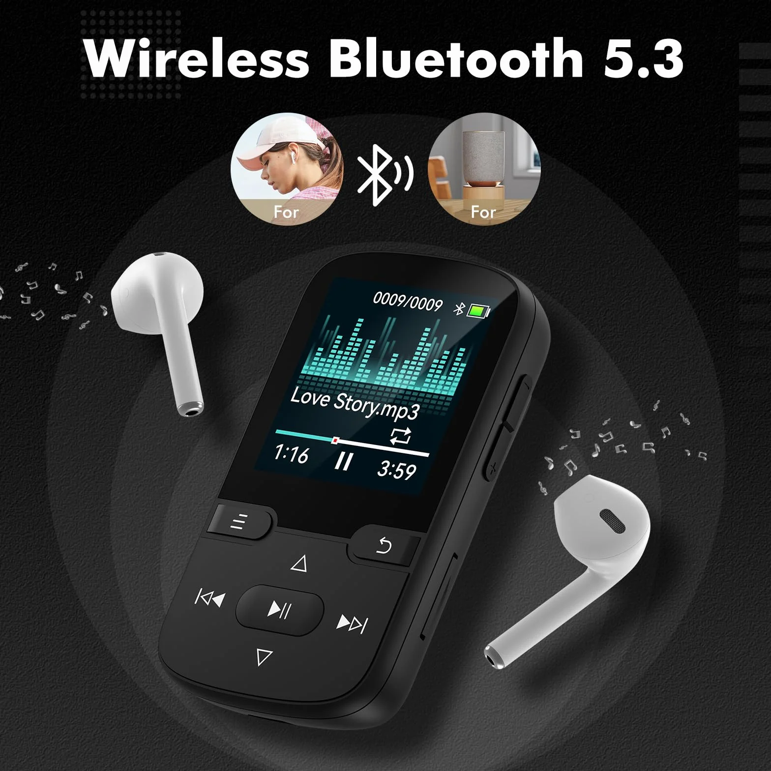 Reproductor MP3 Bluetooth 5.3 con Clip, Radio FM, Grabadora de Voz, 64GB, Deportes
