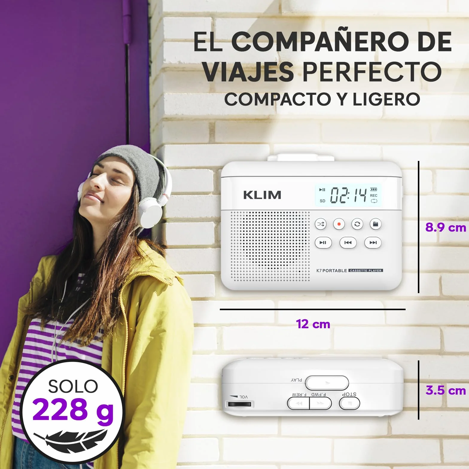 KLIM K7 Reproductor Cassette a MP3 Portátil con Micrófono y Altavoz Integrados Batería Recargable Tarjeta SD 16 GB Blanco