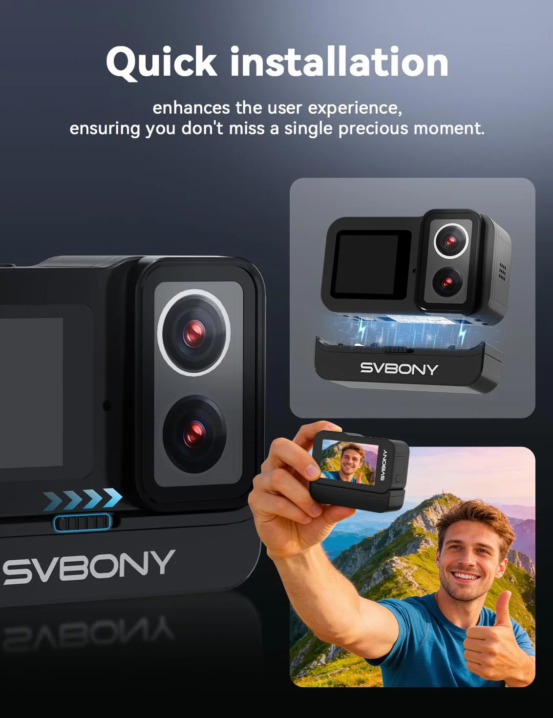 SVBONY SVGo Cámara de Acción 4K30FPS, Lente Dual F2.0/F1.4, Pantalla IPS Dual, Visión Nocturna, Liberación Rápida Magnética, EIS, Resistente al Agua Hasta 30m, Batería de 1860mAh (2 Horas de Duración)