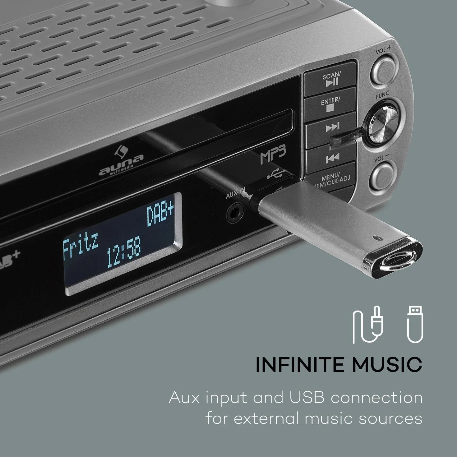 KR-400 CD Radio de Cocina, Radio bajo Mueble, DAB+/PLL FM, Reproductor CD/MP3, Bluetooth, AUX, USB, Memoria para 40 emisoras, Pantalla LCD, Alarma, Mando a Distancia, Plateado