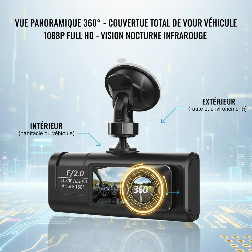 Cámara Dashcam 3 cámaras 1080P Full HD | Seguridad máxima 360° sin ángulo muerto, visión nocturna y estacionamiento vigilado, WiFi integrada detección de movimiento, ideal para conductor VTC