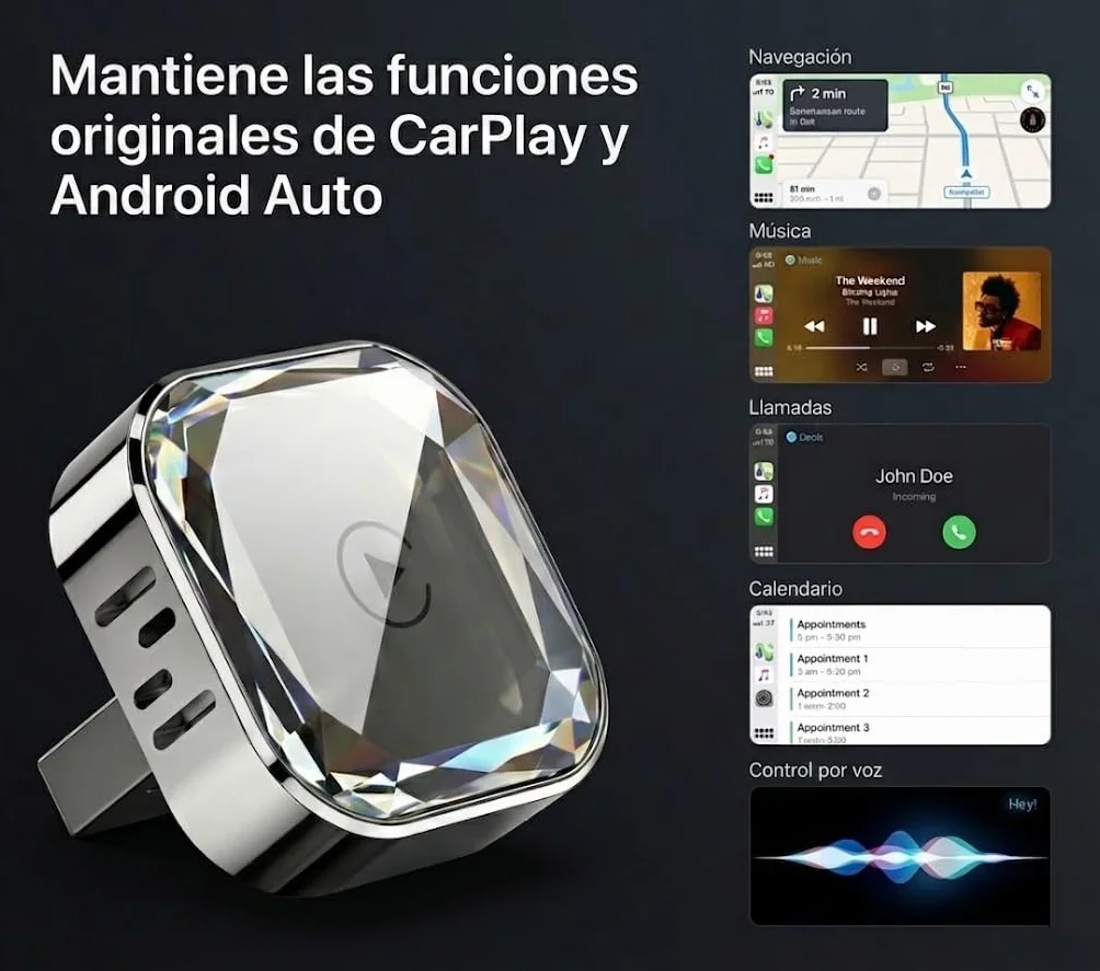 Adaptador CarPlay Inalámbrico 2 en 1 para Android Auto, Convierte Sistema con Cable a Inalámbrico, WiFi 5,8 GHz, Plug and Play, USB A y USB C, iOS 10 o Superior, Android 11 o Superior