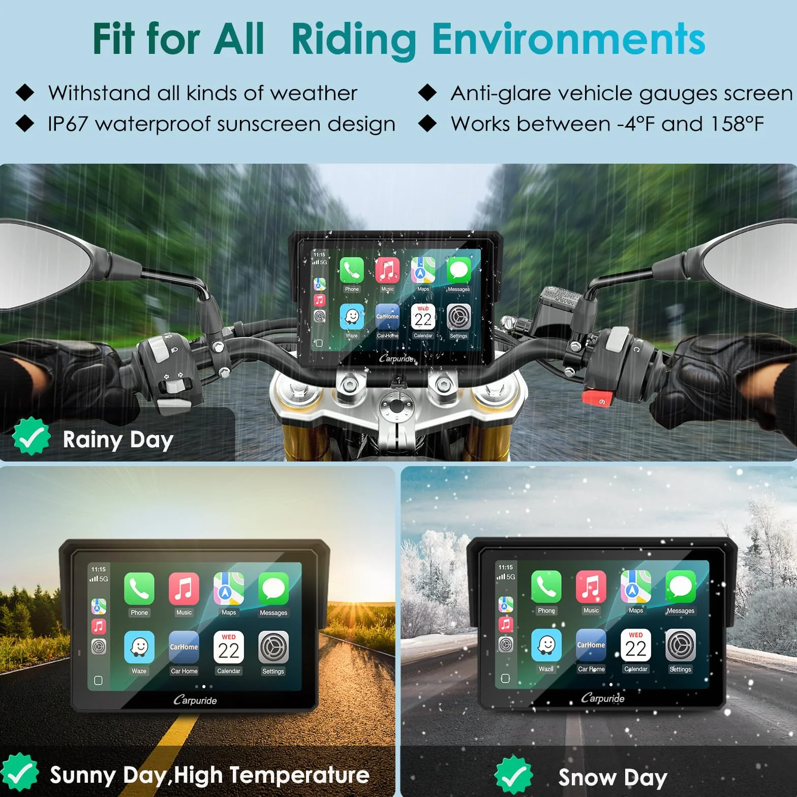 Carpuride W502S Pro GPS Inalámbrico para Motocicleta con Carplay Android Auto Pantalla Táctil Impermeable 5" Soporte BM05 Bluetooth