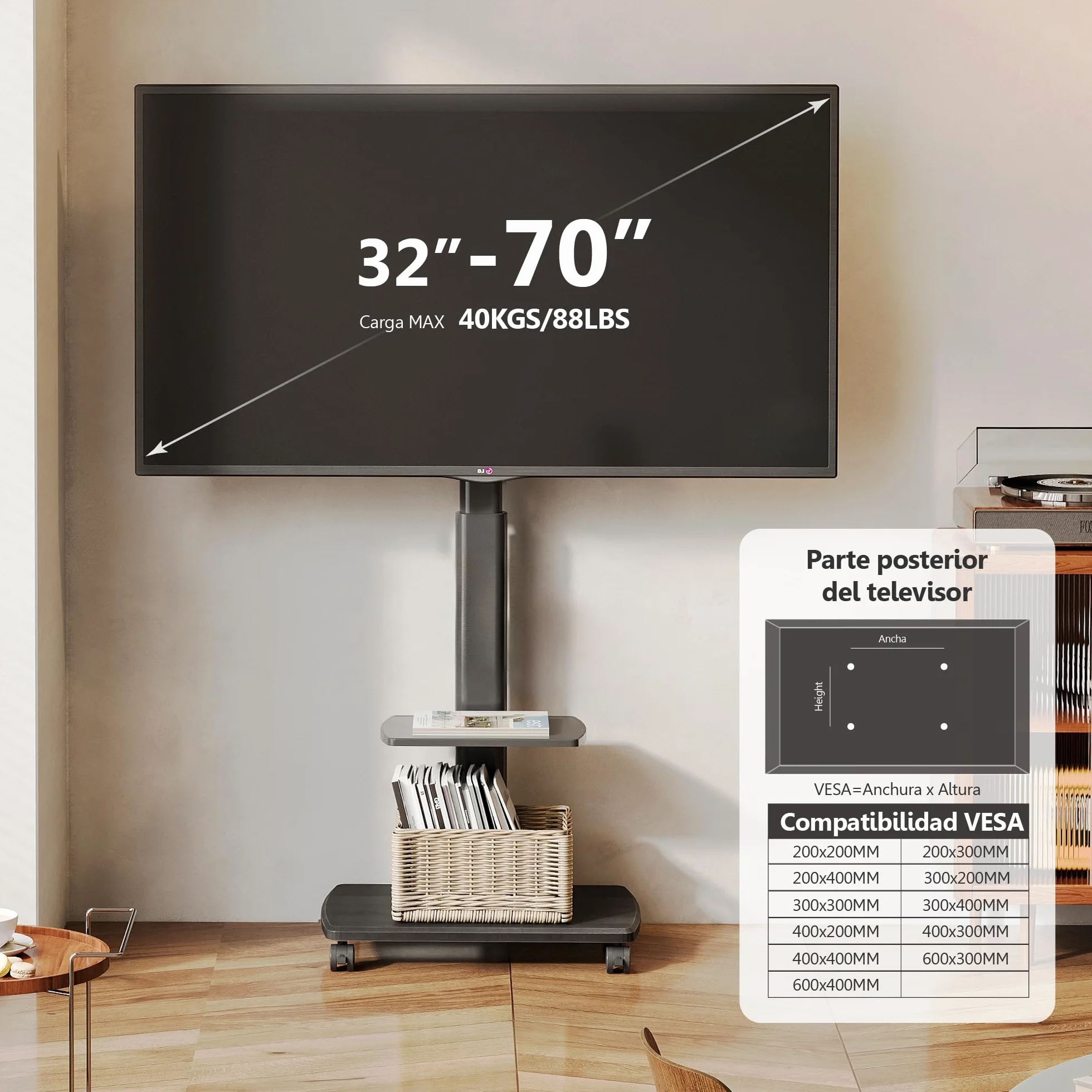 FITUEYES Soporte TV de Pie Ruedas para Pantallas de 32 a 70 Pulgadas con Base de Madera,MAX VESA600*400mm,Soporte de TV con Ruedas con Giro de Placa,Ajuste de Altura,Gestión de Cable,con Estante