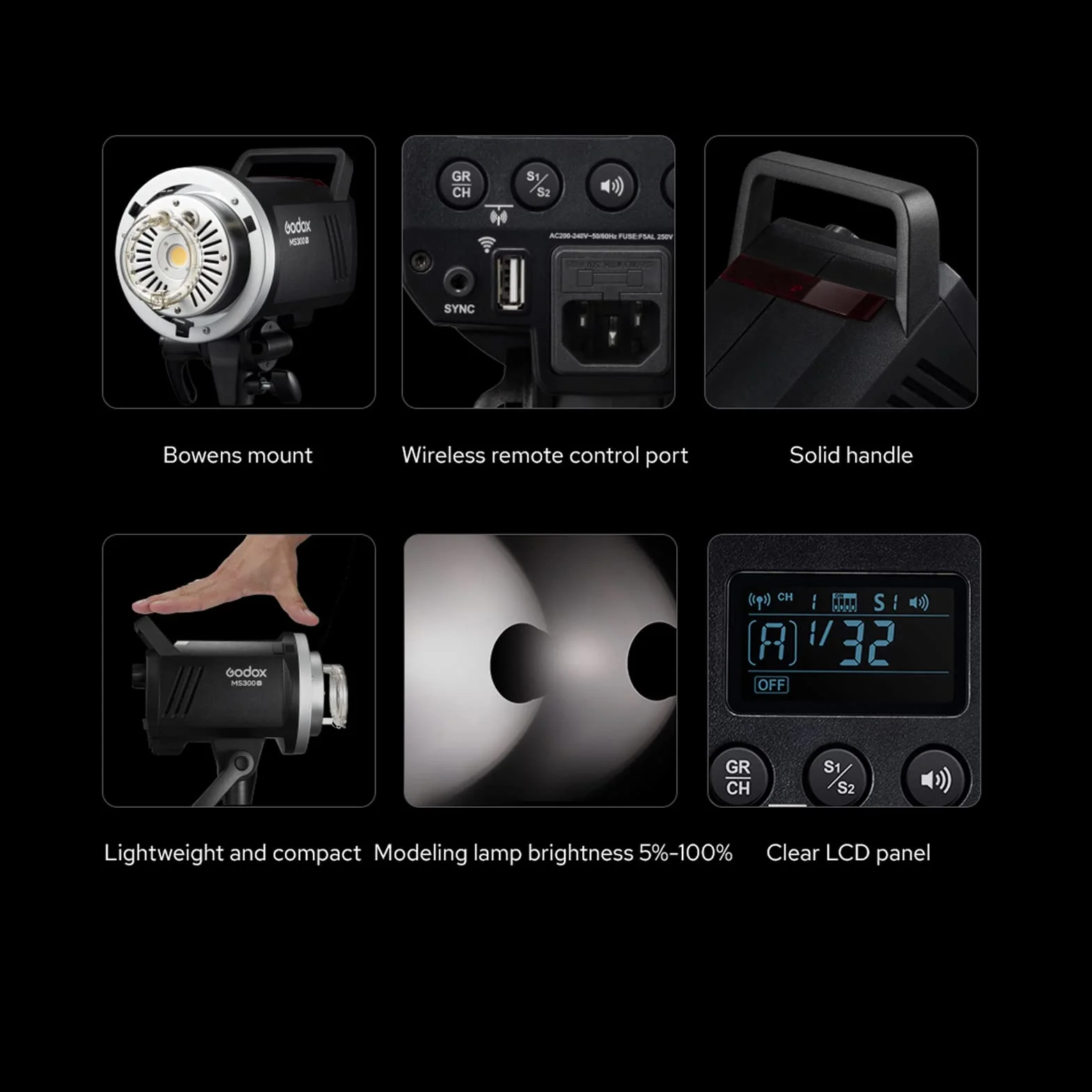 Godox MS300-V MS300V 300W Studio Flash, 5800K±200K, Sistema Inalámbrico 2.4G, Panel LCD, con Luz de Estilo LED, Tiempo de Recuperación de 0,1a 1,8s, Bowens Mountain Photoflash Monolito