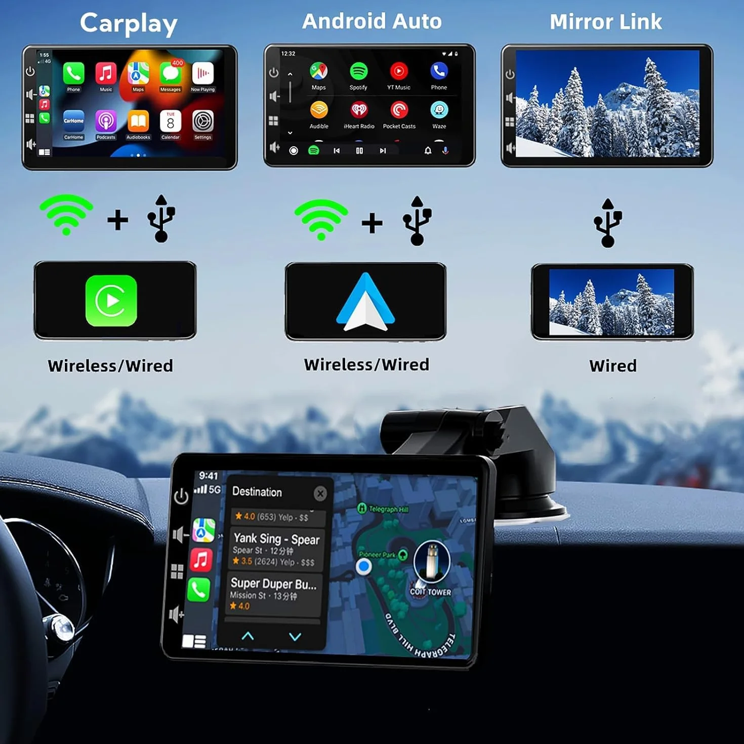 Pantalla Coche con CarPlay y Android Auto Inalámbrica - Pantalla Carplay de 7 Pulgadas con Mirror Link - Portátil Radio Coche con Asistencia de Voz/FM/AUX/Cámara Trasera