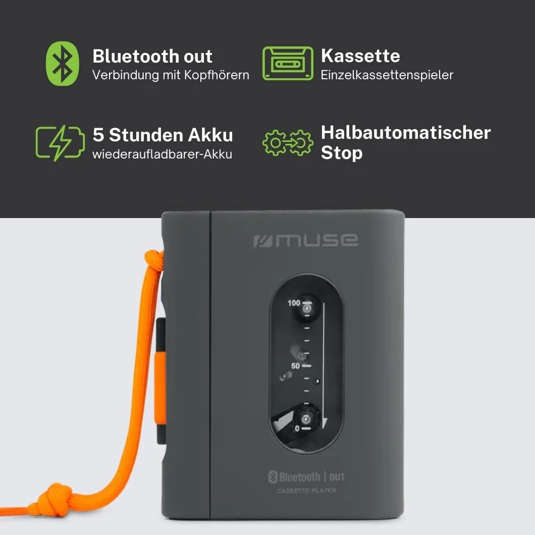Muse M132WM Reproductor de Cassette Semi-Auto Stop Bluetooth Bateria Recargable USB-C