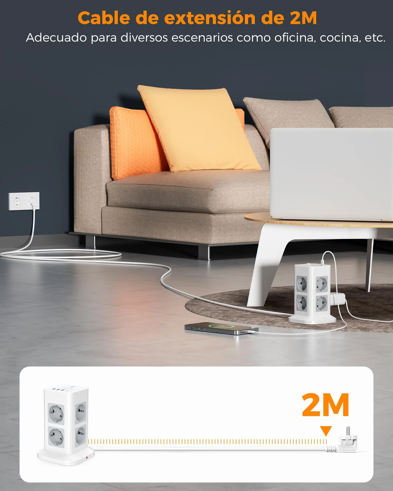 TESSAN Regletas Enchufes Proteccion Sobretension 8 Tomas con 3 USB A y 1 USB C, Torre Enchufes Vertical con Interruptor, 2 Metros Extension Cord, Alargador Enchufe 3600W para Oficina, Casa, Gray