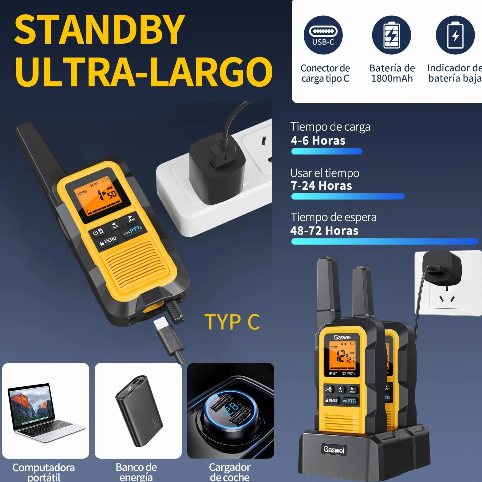 Gaswei G2Pro Walkie-Talkies Profesionales, 2 Unidades - IP67 Impermeable y Flotante, Largo Alcance, SOS, Radio FM, Color Amarillo