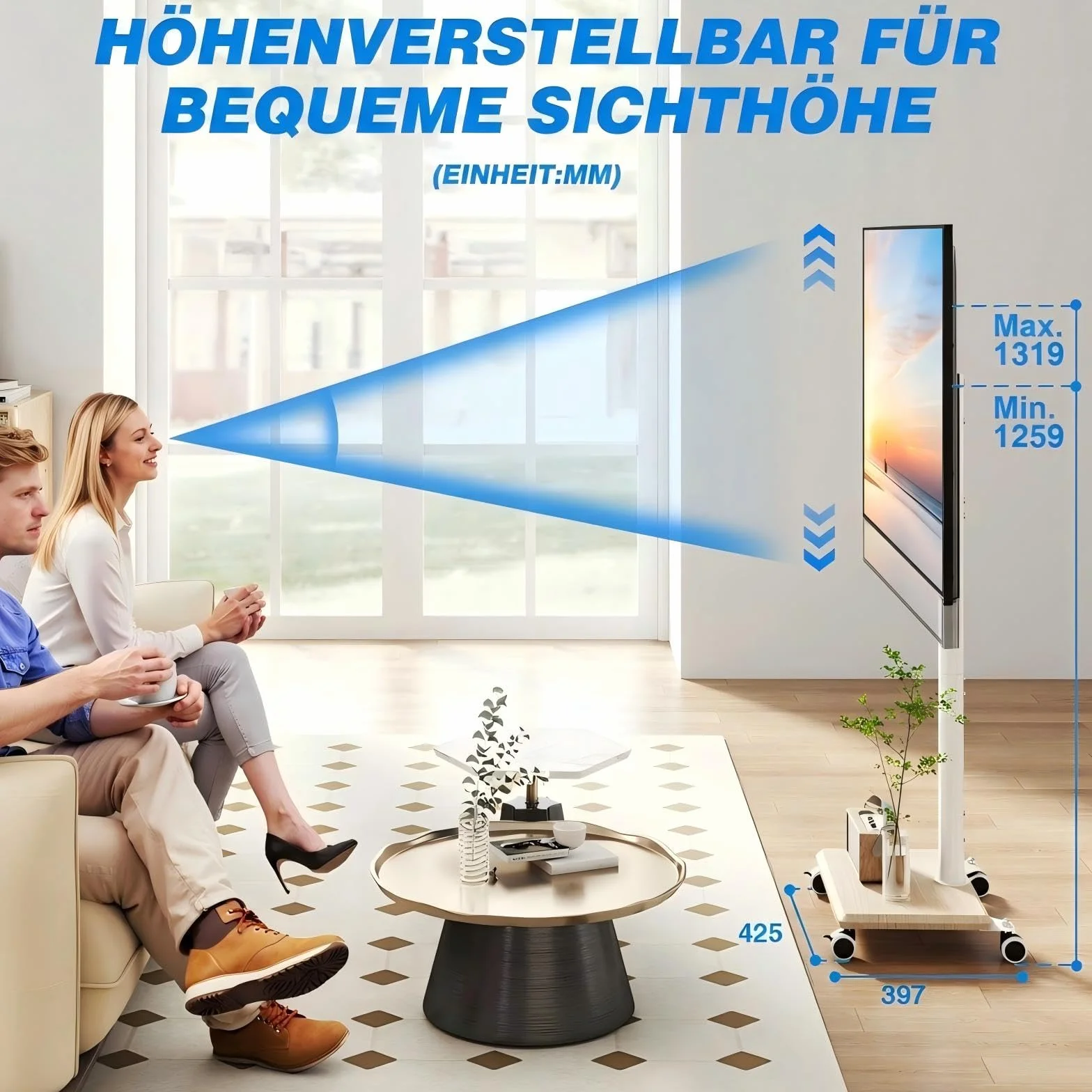 Soporte de TV con Ruedas para Televisores de 27-65 Pulgadas, Ajuste de Altura y Giro, Base de Madera, VESA 400x400mm, 40kg, Beige
