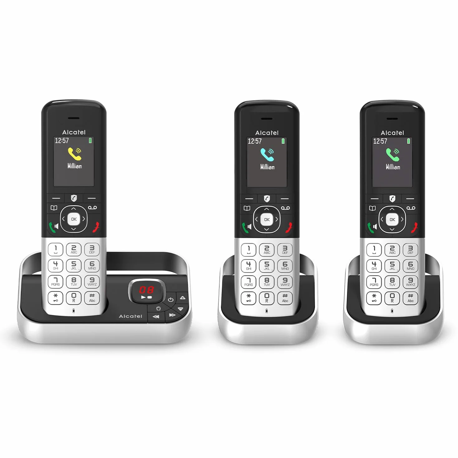 ALCATEL FX990 Voice Trío Telefon DECT z automatyczną sekretarką 50 min, kolorowy wyświetlacz graficzny, głośnomówiący, blokada połączeń, dzwonek VIP, 3 telefony, czarno-szary
