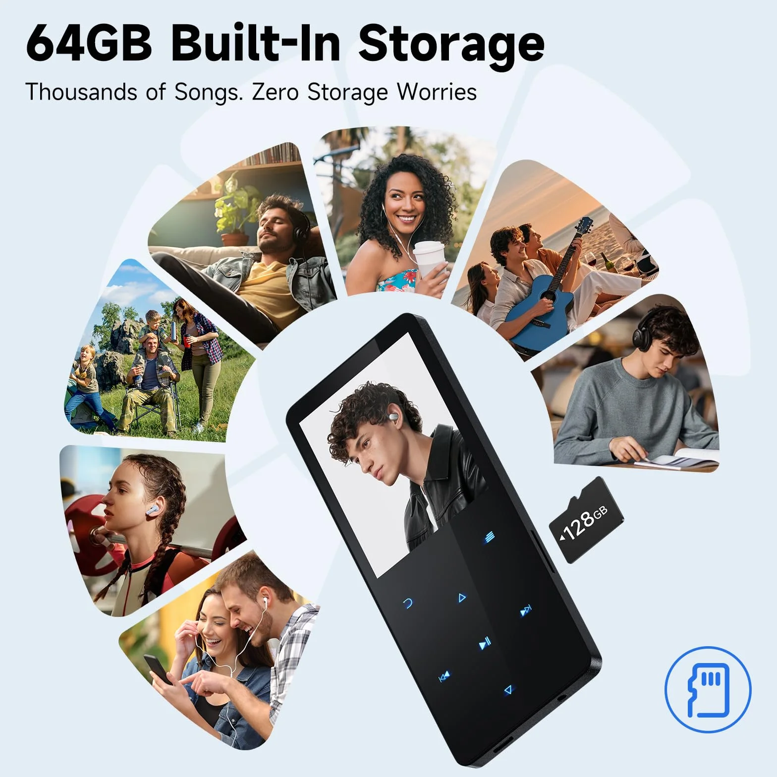 Reproductor MP3 de 64 GB con Bluetooth 5.3, Reproductor de música portátil con Altavoz Integrado, Lector de Audio Digital para Deportes con Dictado, Radio FM, Compatible con Tarjetas de Memoria de