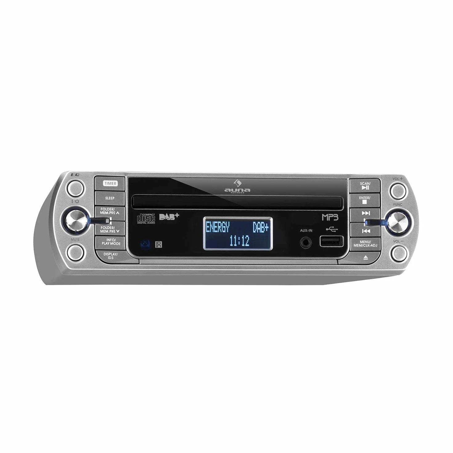 KR-400 CD Radio de Cocina, Radio bajo Mueble, DAB+/PLL FM, Reproductor CD/MP3, Bluetooth, AUX, USB, Memoria para 40 emisoras, Pantalla LCD, Alarma, Mando a Distancia, Plateado