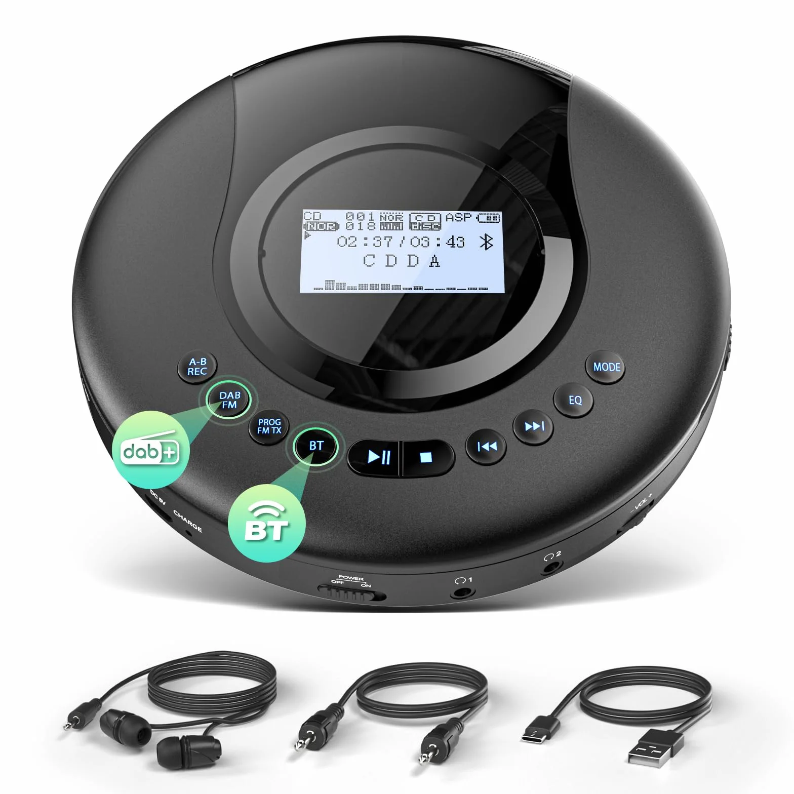 Reproductor de CD portátil con Bluetooth, Radio DAB+/FM, Discman, CD-R/RW, Batería 2000 mAh, Negro