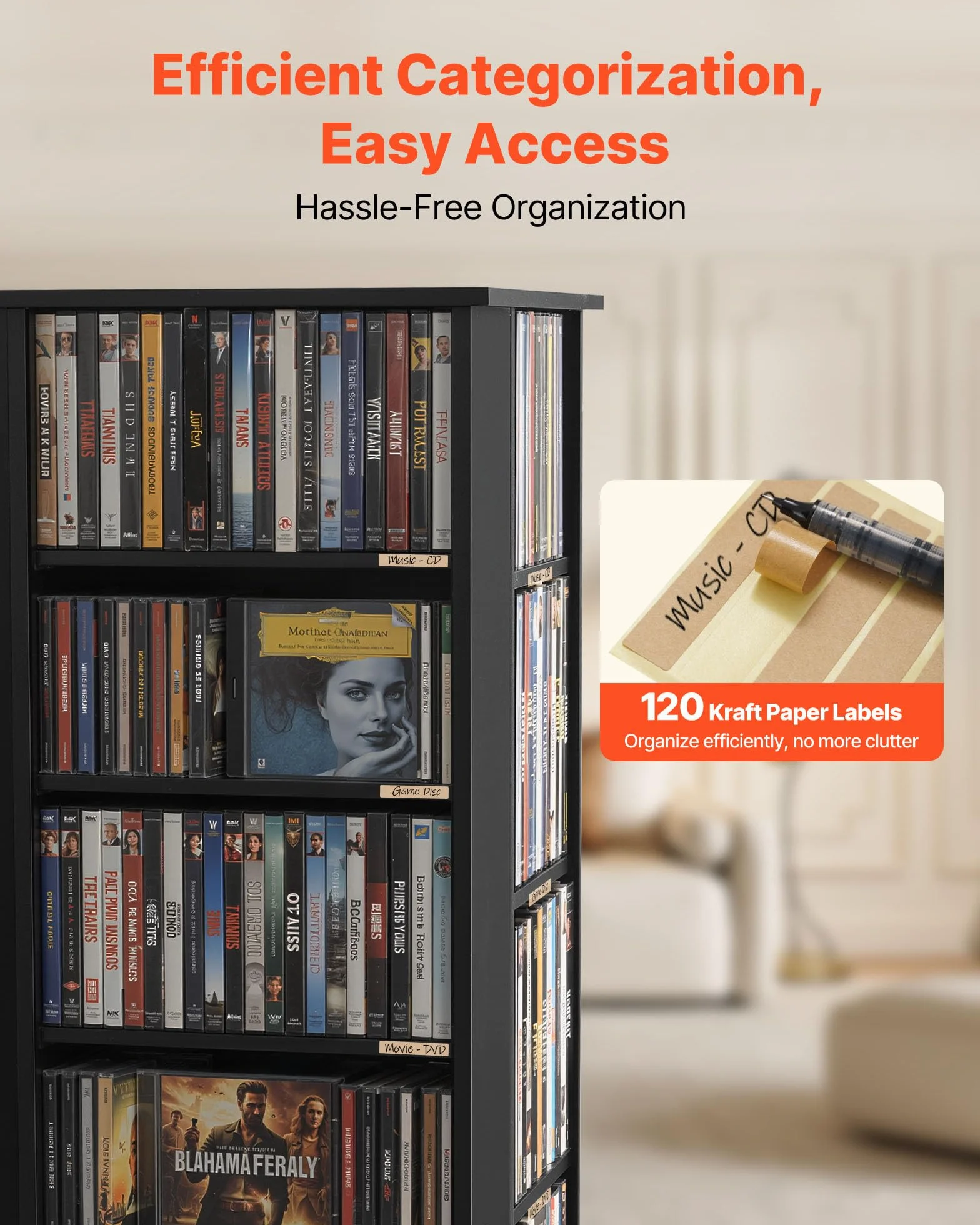 VEVOR Mueble de Almacenamiento Multimedia, Torre para CD, 34 Compartimentos, Giratorio, para CD, DVD, Libros y Discos de Juegos, Ideal para Sala de Estar, Oficina en Casa, Sala de Grabación, Negro