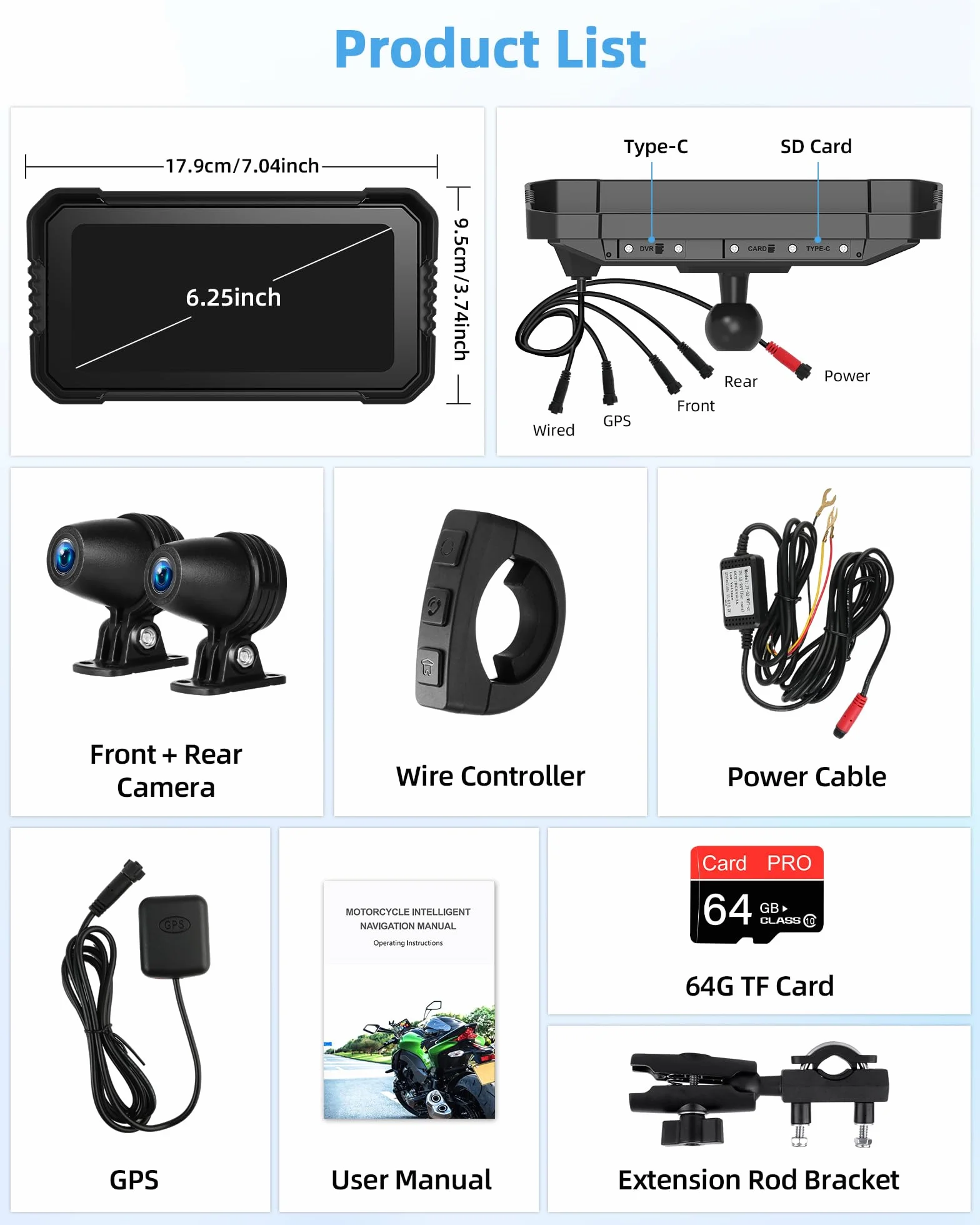 4K Carplay Android Auto 6.25 Pulgadas Pantalla Táctil Dashcam Delantera Trasera GPS IP67 Impermeable Doble Bluetooth Siri Google Assistant