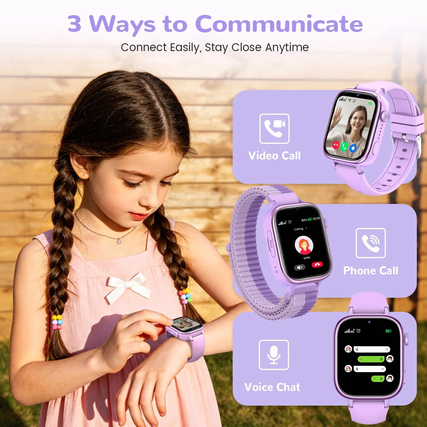 4G Reloj Inteligente Niños con GPS y Videollamada, Smartwatch Niños con Llamadas, Chat de Voz, SOS, Modo Escuela, IP68 Impermeable, Podómetro, Despertador, Cámara, Regalo Niñas y Niños de 4-15 Púrpura