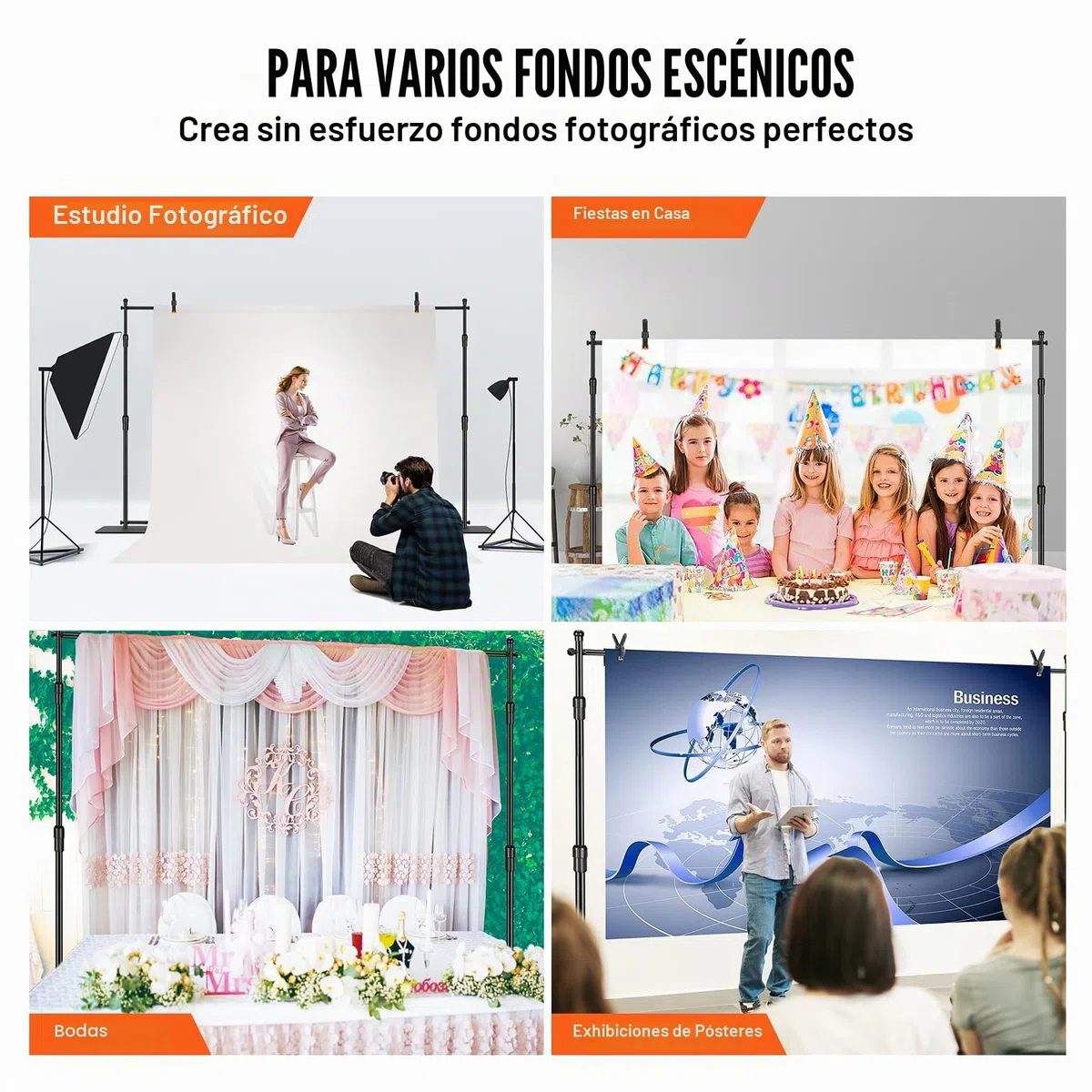 VEVOR Soporte de Fondo Kit de Soporte de Fondo Fotográfico Ajustable de 3048x3048 mm con Base de Acero al Carbono con 6 Abrazaderas Bolsa de Transporte para Estudio de Fotografía, Exposición, Boda