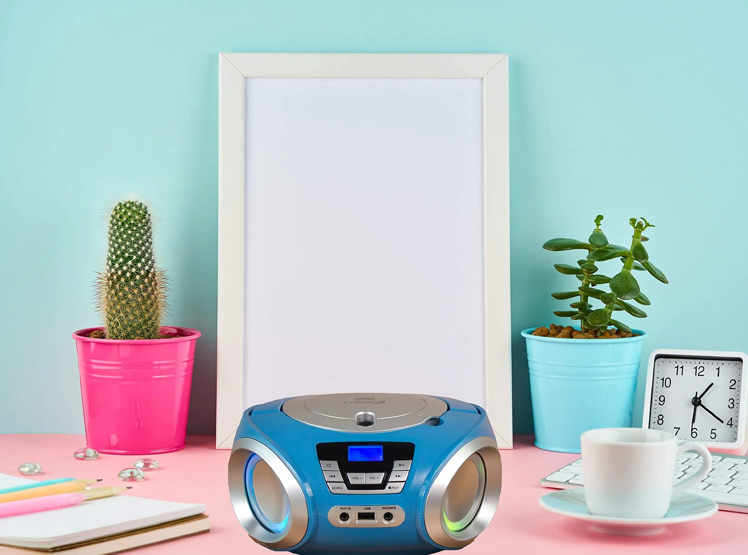 Reproductor de CD con iluminación LED | Toma para Auriculares | Radio estéreo portátil | Radio Infantil | estéreo | USB | Reproductor de CD/MP3 | Radio FM | Conector para Auriculares | Entrada AUX