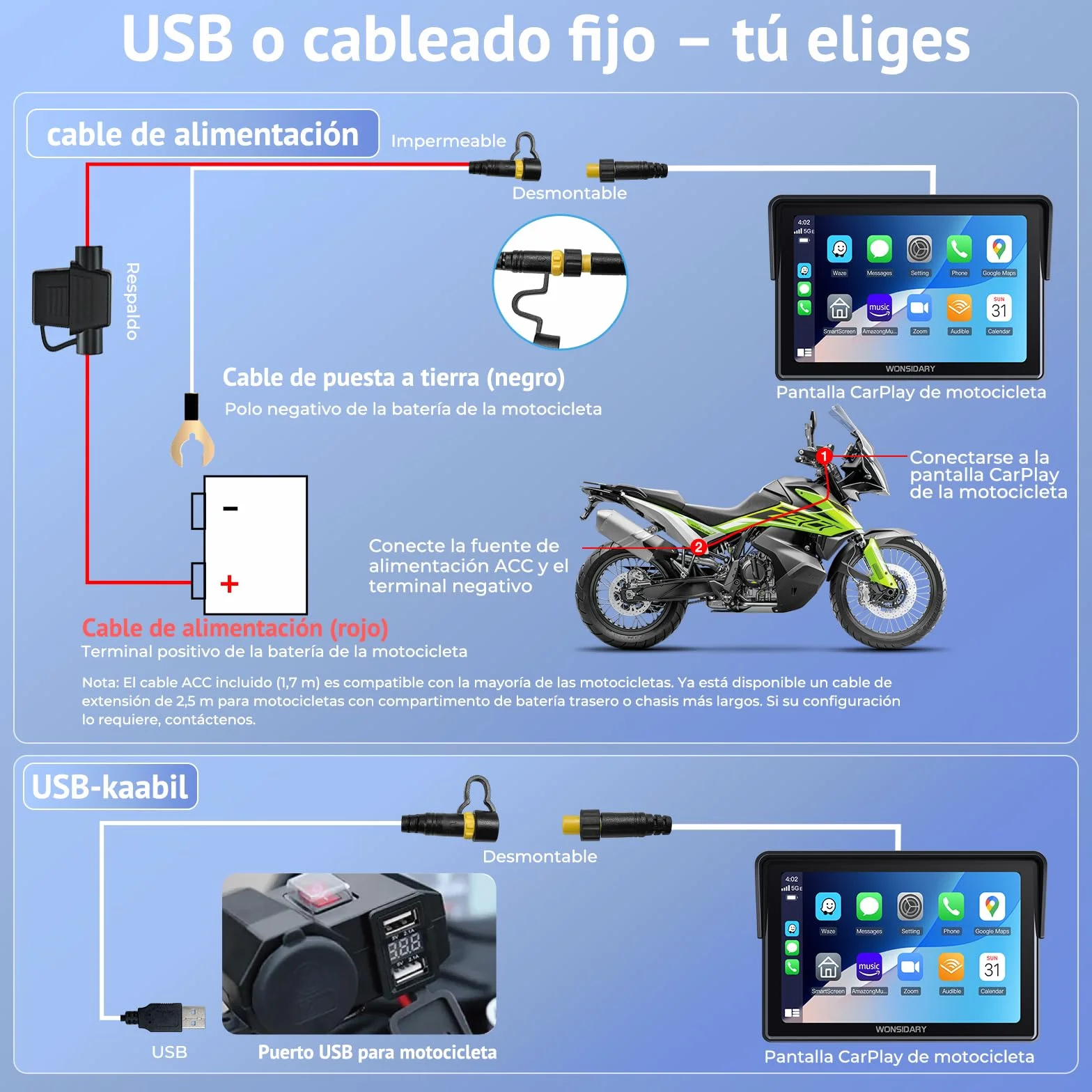 Carplay Moto 7 Pulgadas Pantalla TáCtil,InaláMbricos Carplay y Android Auto, Navegador GPS Moto Conectar y Usar con IP67 Impermeable, Sensor De Luz,Bluetooth Trans, Siri/Google Assistant,EQ