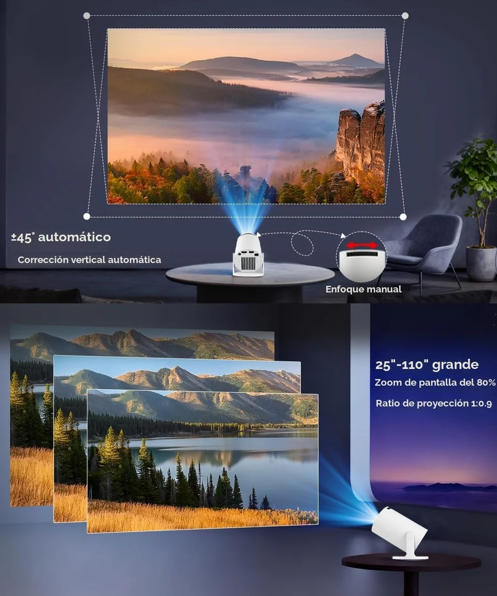 Proyector Portátil con Android 14, Mini Proyector 4k 1080P Full HD Soporte 200ANSI 8000L, Videoproyector WiFi 5G BT 5.4, Cine Projector 180 ° Se Puede Girar para TV Stick Blanco