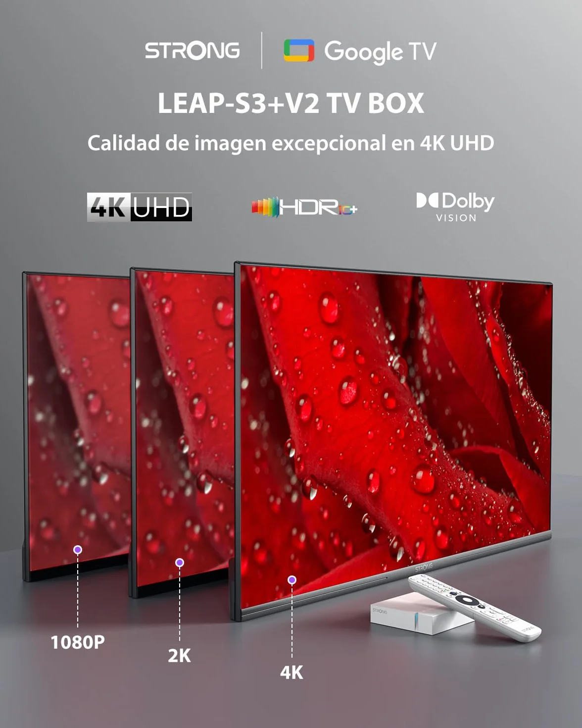 STRONG Leap-S3+V2 Streaming Smart TV Box 4K UHD 2GB RAM 16GB HDR10+ Dolby Vision WiFi 5 BLE 5 Ethernet RJ45 Asistente de Voz Blanco