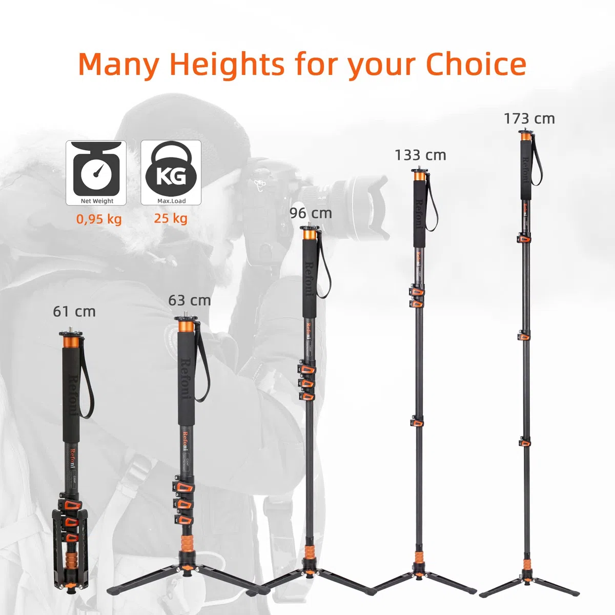 Monopié de Fibra de Carbono, Refoni C304F Monopié de 173 cm con pies de Apoyo para Hacer Frente a Todos los Kits DSLR o Mirroless más Grandes, con una Capacidad de Carga máxima de 20 kg