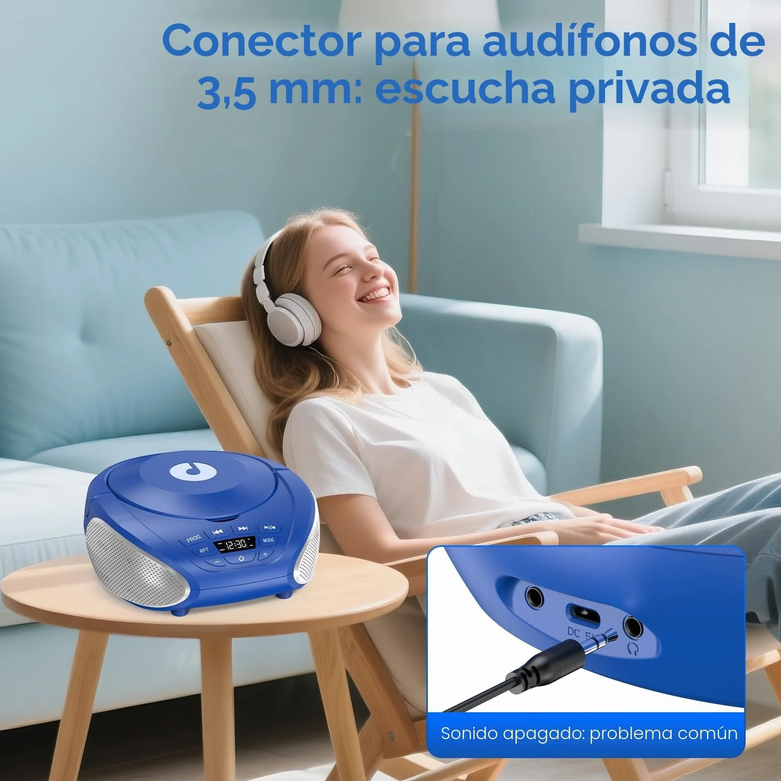 Gueray Reproductor CD Portátil Boombox Radio FM Estéreo con Altavoces Entrada AUX 3.5 mm Pantalla LCD Azul Plata