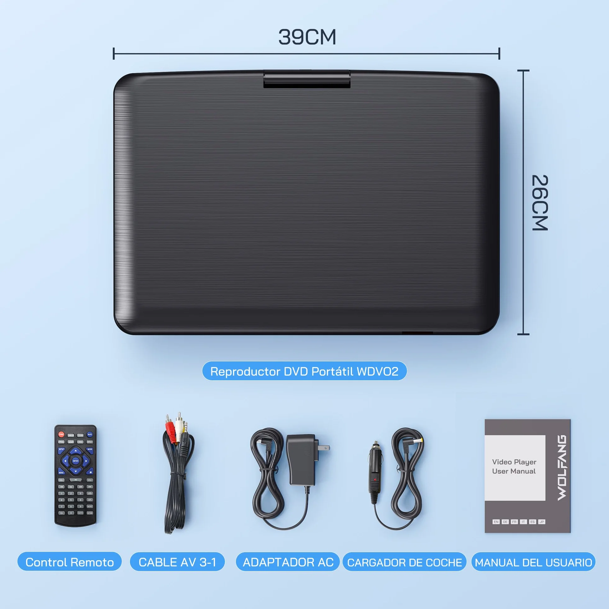 WOLFANG 17,5" Reproductor de DVD Portátil con 15,6" Pantalla HD, 5000mAh Batería, Sin Restricción de Región, Altavoces Estéreo Duales, Compatible con USB/SD/Sincronización de TV/Pantalla de Proyector