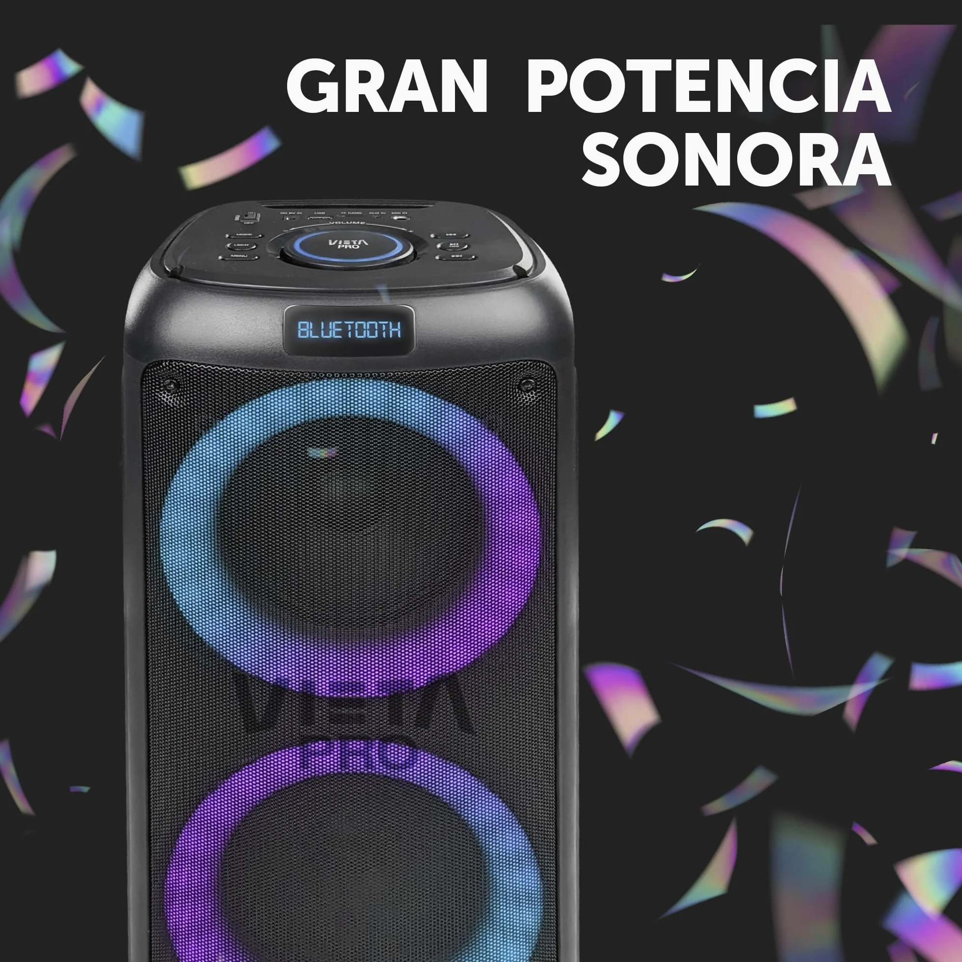 Vieta Pro | Altavoces Autoamplificados Bluetooth de 100W con Reproductor USB, Radio FM, Luces LED, Entrada de Micro y AUX-IN con batería de 9h | Altavoz Speaker Grande Party 2 para Fiestas y Karaoke
