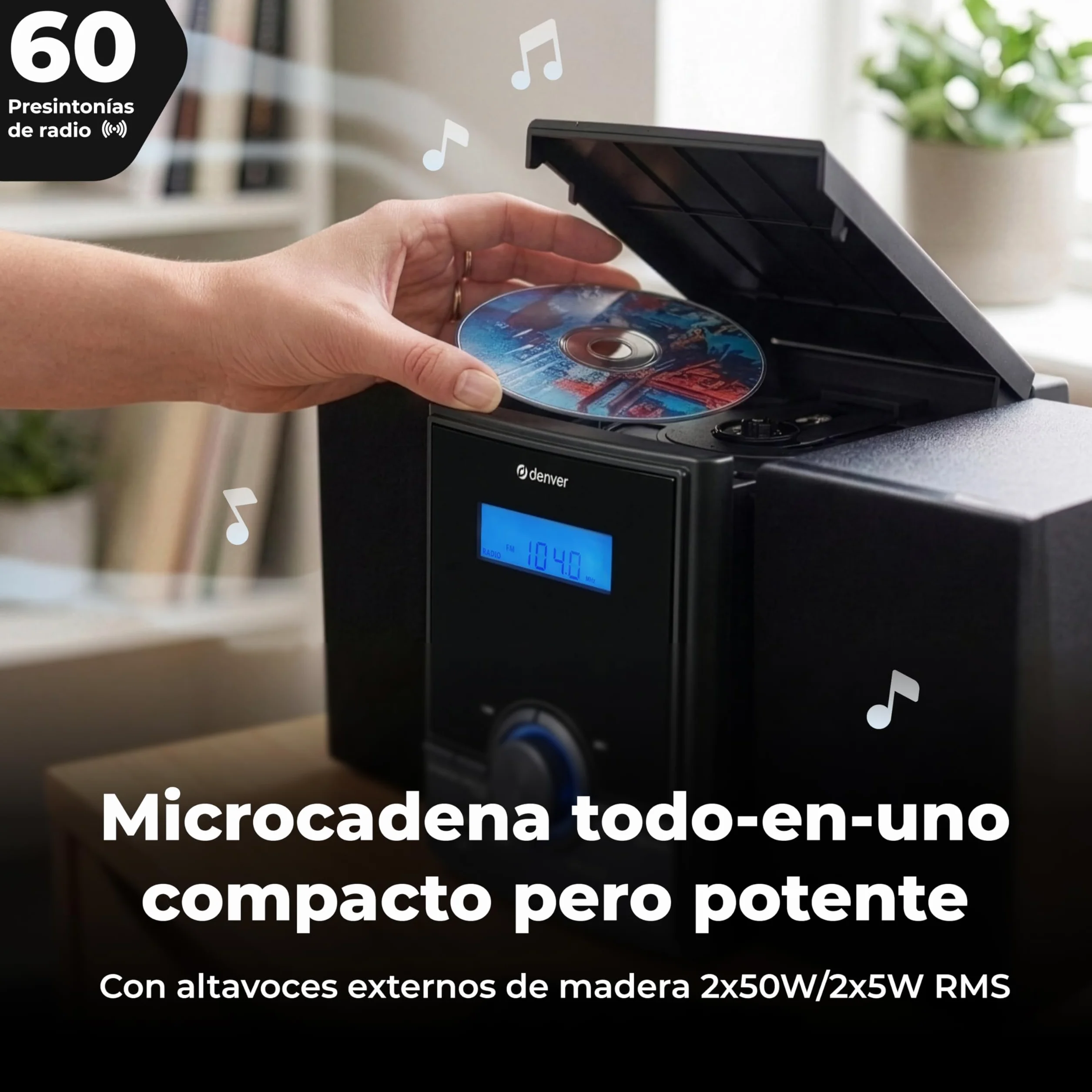 Denver MDA-285 Microcadena Dab/FM con CD, Bluetooth, USB MP3, AUX, Auriculares, Doble Alarma, 2 x 5 W RMS
