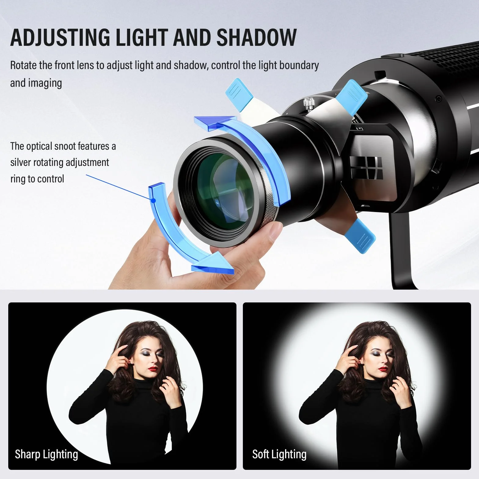 Soonpho KF80 Snoot óptico para Fotografía con Cuerpo de Aluminio con Montura Bowens Ranura para Tarjetas Magnéticas 5 Veces más Brillante con 4 Filtros de Color y 25 Patrones GOBO para Fotografía