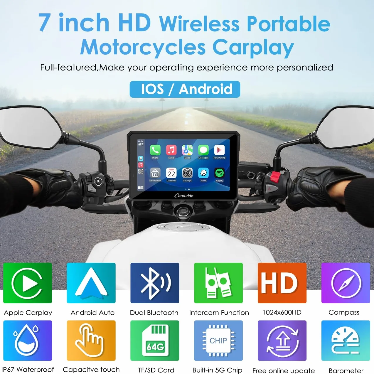 Carpuride W702 Pro Pantalla Carplay 7 Pulgadas Inalámbrico Android Auto Intercomunicador Impermeable Táctil Navegación