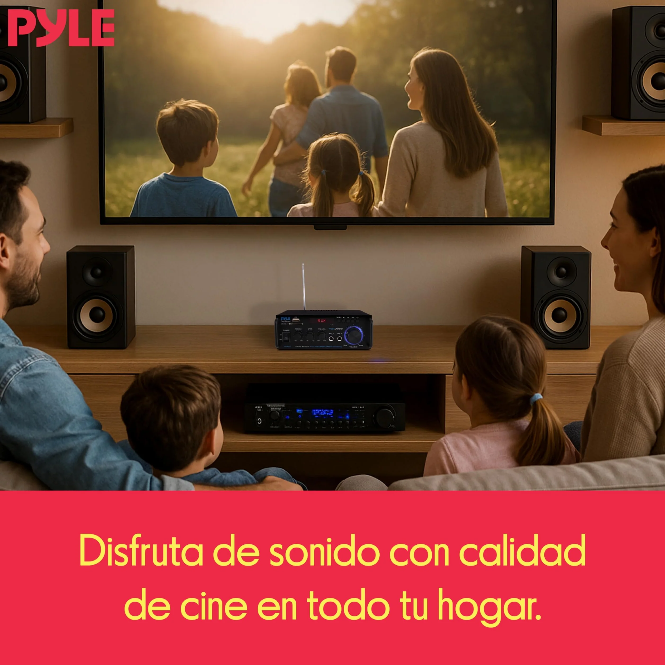 PyleUsa Receptor AV HiFi estéreo para el Hogar con RCA, USB, SD, 2 Micrófonos, Radio FM, Mando a Distancia, Sonido Envolvente para Cine en casa