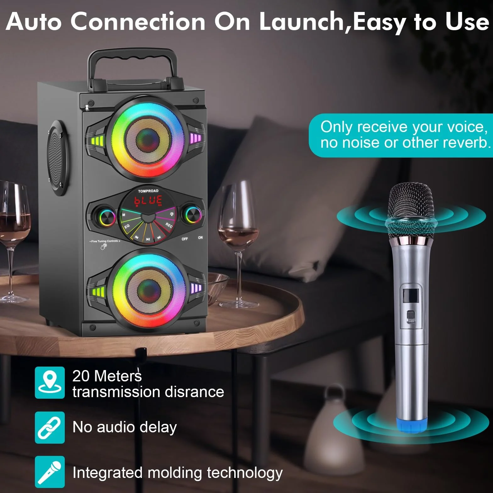 Altavoces Bluetooth, Altavoz Bluetooth inalámbrico portátil de 60 W para fiestas en casa al aire libre con subwoofer, radio FM, luces LED coloridas, micrófono, control remoto y gran potente sonido est