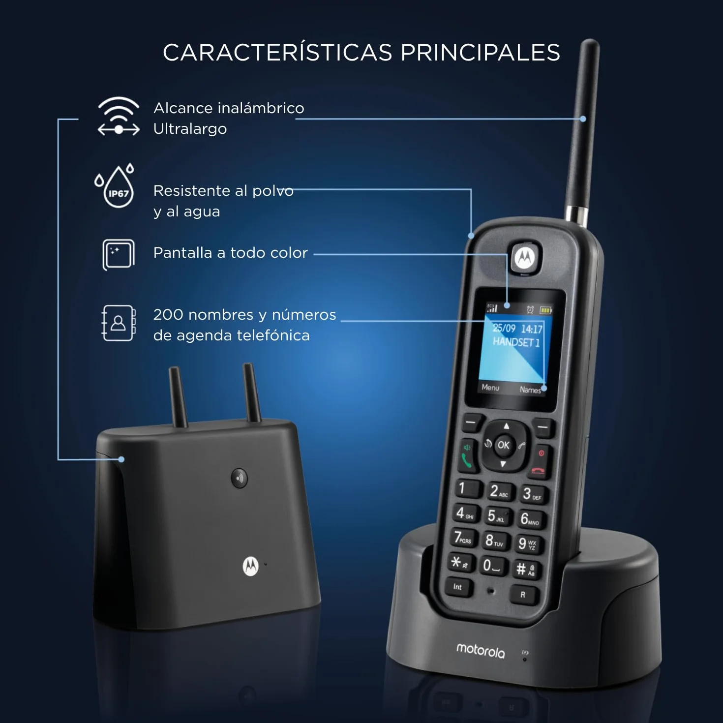 Motorola - O201 Teléfono Fijo Inalámbrico DECT, Identificador de Llamadas, Retroiluminación, Agenda 200 Números, Largo Alcance, Manos Libres, Ideal para Uso Exterior, Negro