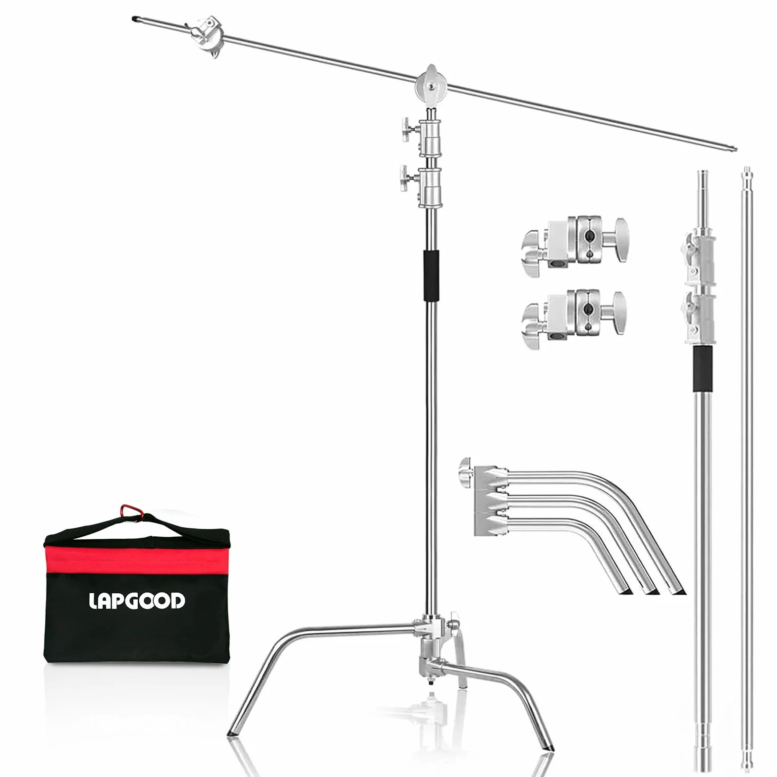 C Stand 100% Acero Inoxidable Resistente con Brazo Articulado,Altura Máxima 330cm,Soporte C Ajustable para Lámpara con Brazo de Sujeción de 127cm,2 Cabezales de Mango para Monoluz de Estudio