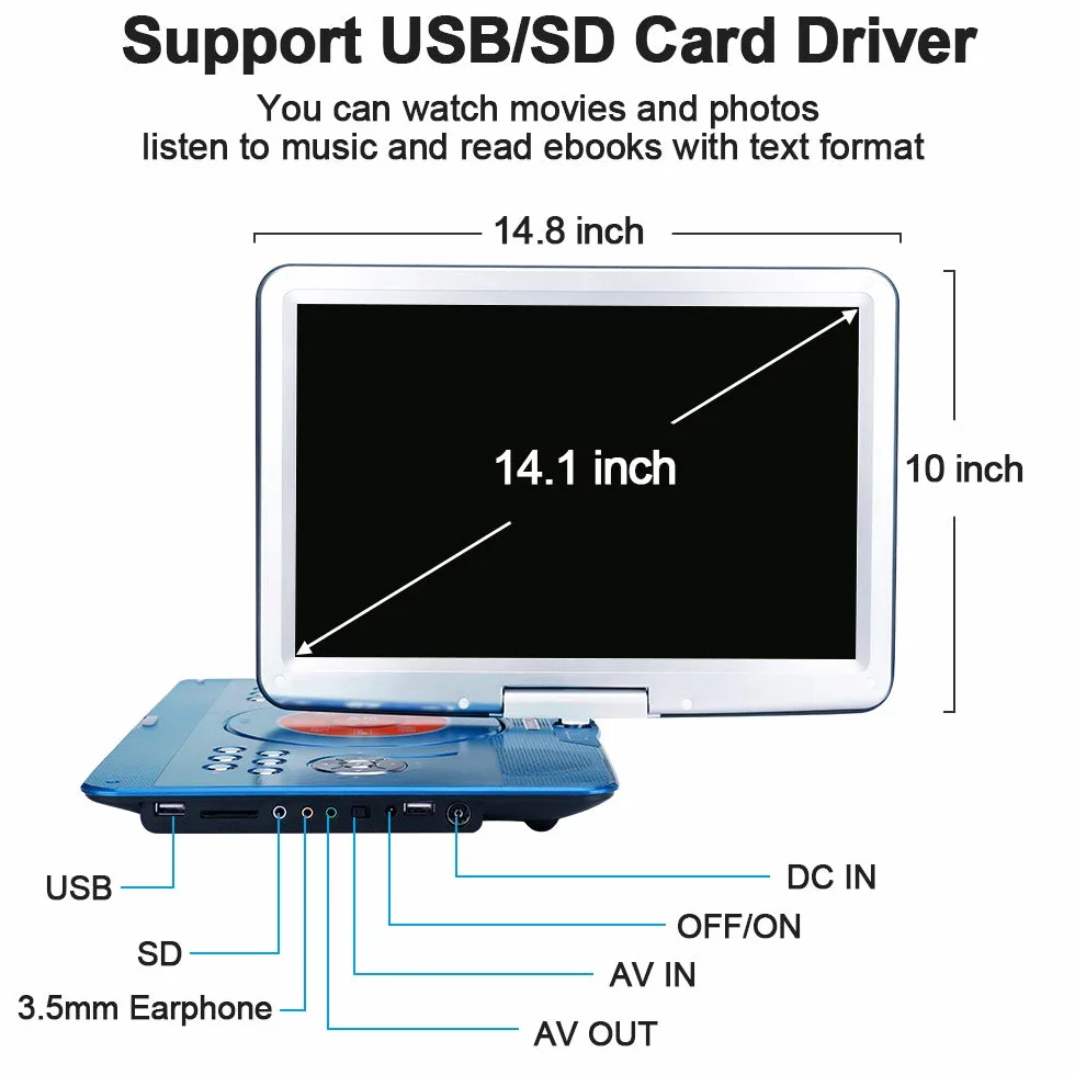YOOHOO Lecteurs DVD Portables 16,9" Avec Grand écran LCD pivotant de 14,1" Lecteurs DVD de Voyage pour Enfants Adaptateur de Voiture Rechargeable Prise en Charge de la Carte, télécommande, Bleu