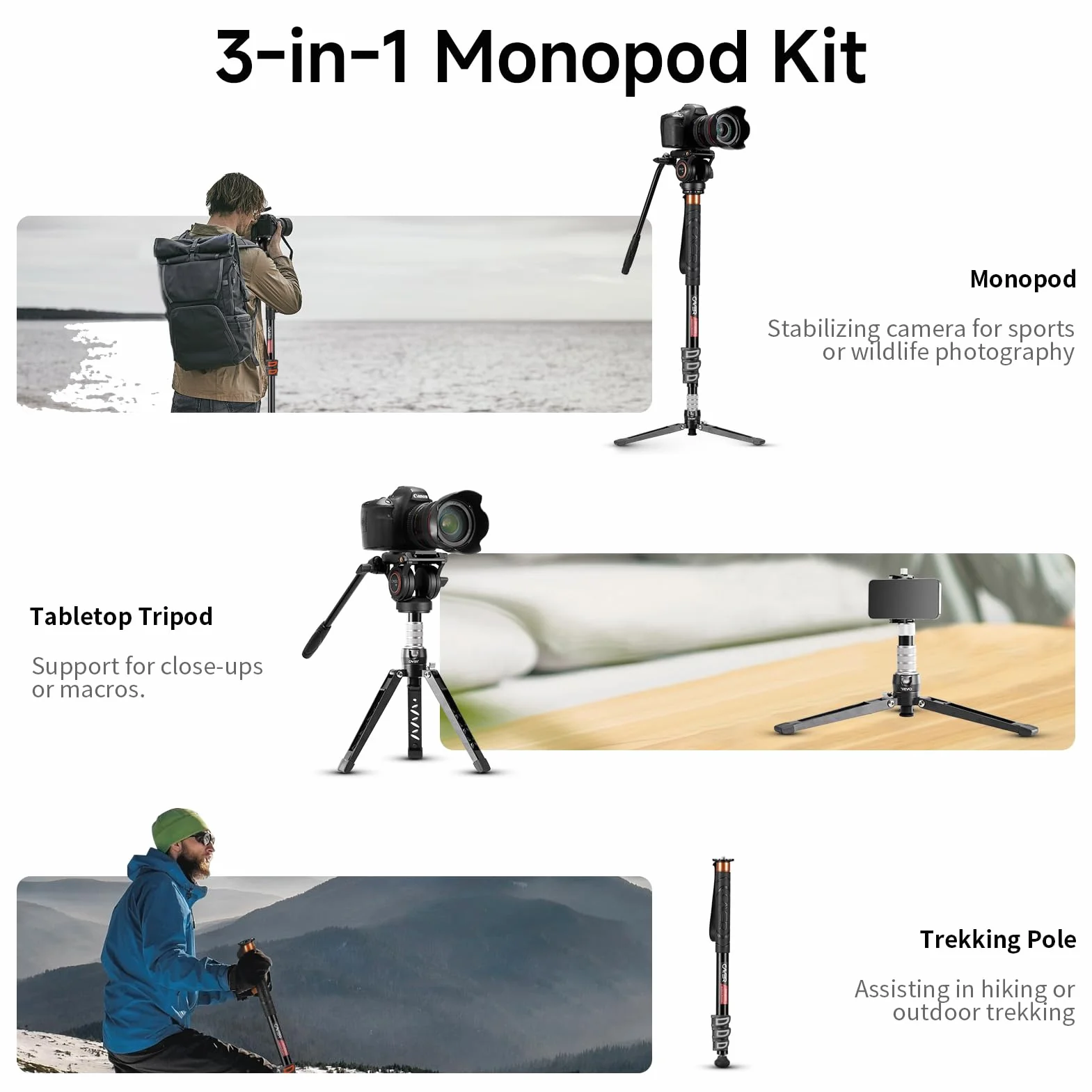 Cayer Monopie, FP34DV Trípode monopie Profesional de 71 Pulgadas Monopie de Aluminio con Cabezal de Giro e inclinación líquido para cámara Canon Nikon Sony Olympus Panasonic DSLR