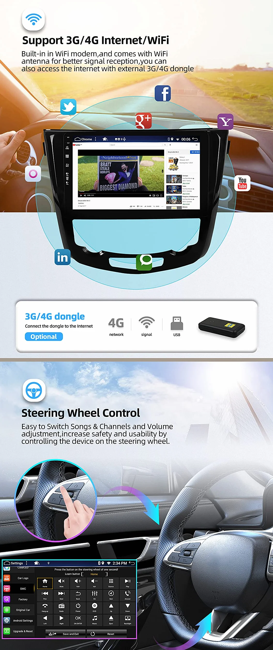 Autoradio Android 14 IPS 10.1 Pulgada 2 DIN para Nissan X-Trail Qashqai J11 (2014-2018) con Carplay, Android Auto, DSP, DAB, Cámara 360