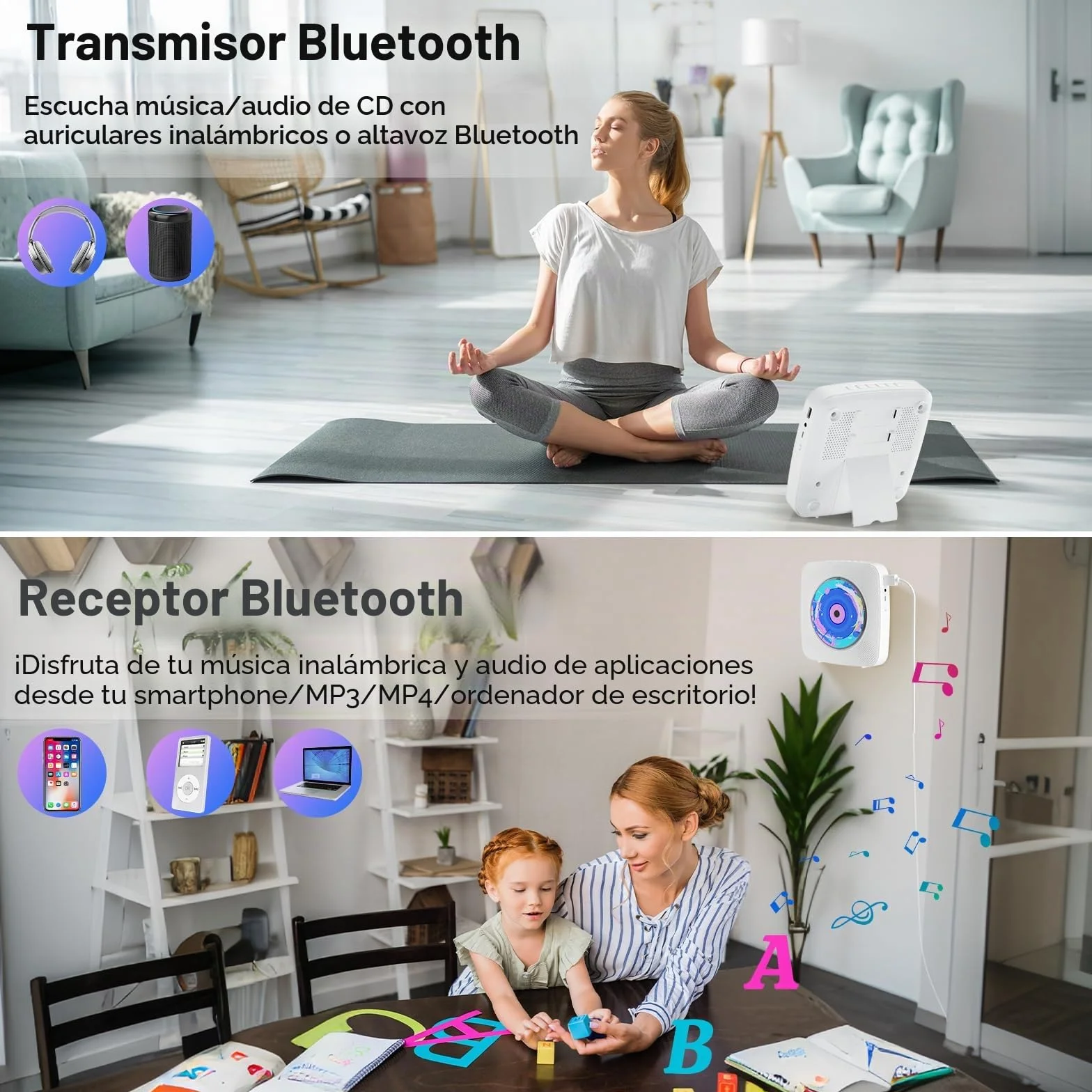 Reproductor de CD Portatil: Kegaudio Reproductor CD Bluetooth con Altavoces Mando a Distancia Bluetooth sobremesa montado en la Pared con Soporte Reproducción USB/AUX Blanco
