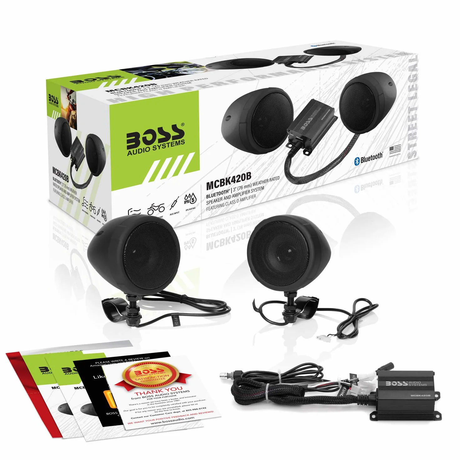 BOSS Audio Systems Sistema de altavoces Bluetooth MCBK420B:amplificador compacto de clase D, altavoces resistentes a la intemperie de 3 pulgadas,ideal para usar con vehículos todo terreno/motocicletas