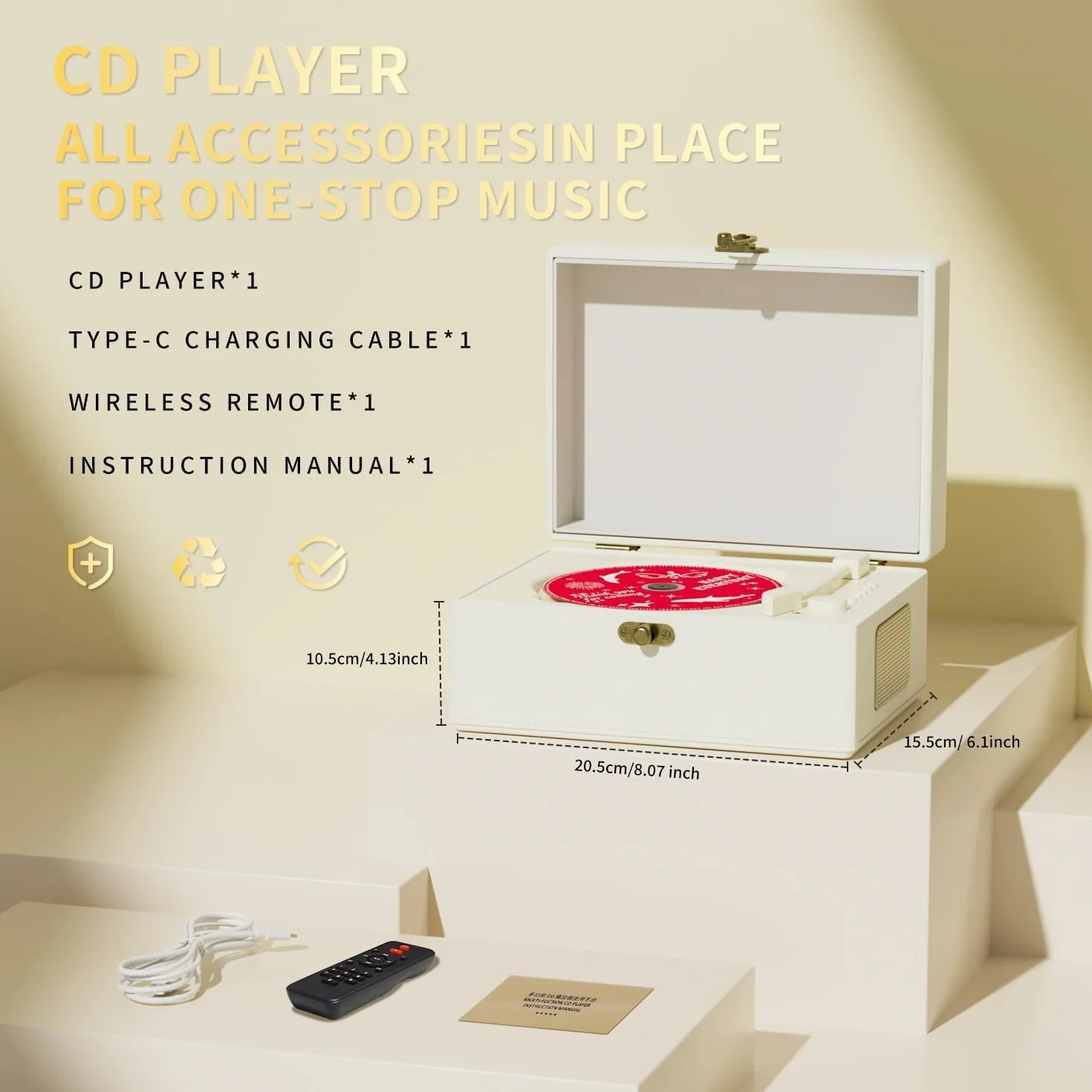 Yintiny Reproductor de CD recargable de cuero con Bluetooth blanco