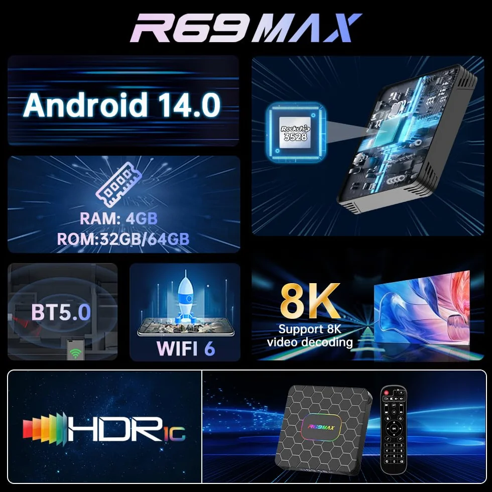 Android 14.0 TV Box, Box TV 4GB RAM 32GB ROM RK3528 Quad-Core Cortex-A53 8K Decoder, Soporte 2.4G/5.0GHz Dual Wi-Fi 6 BT 5.0, USB 3.0/2.0, HDMI 2.0 Smart TV Box
