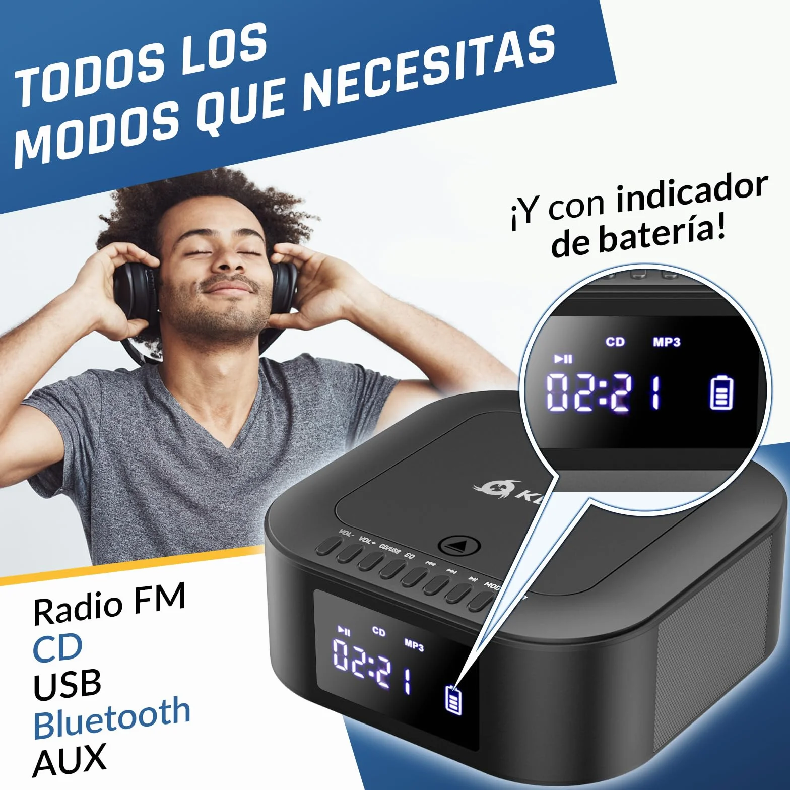 KLIM Boombox E1 Reproductor de CD portátil Bass Boost Subwoofer Radio FM Bluetooth MP3 AUX USB Negro Plata