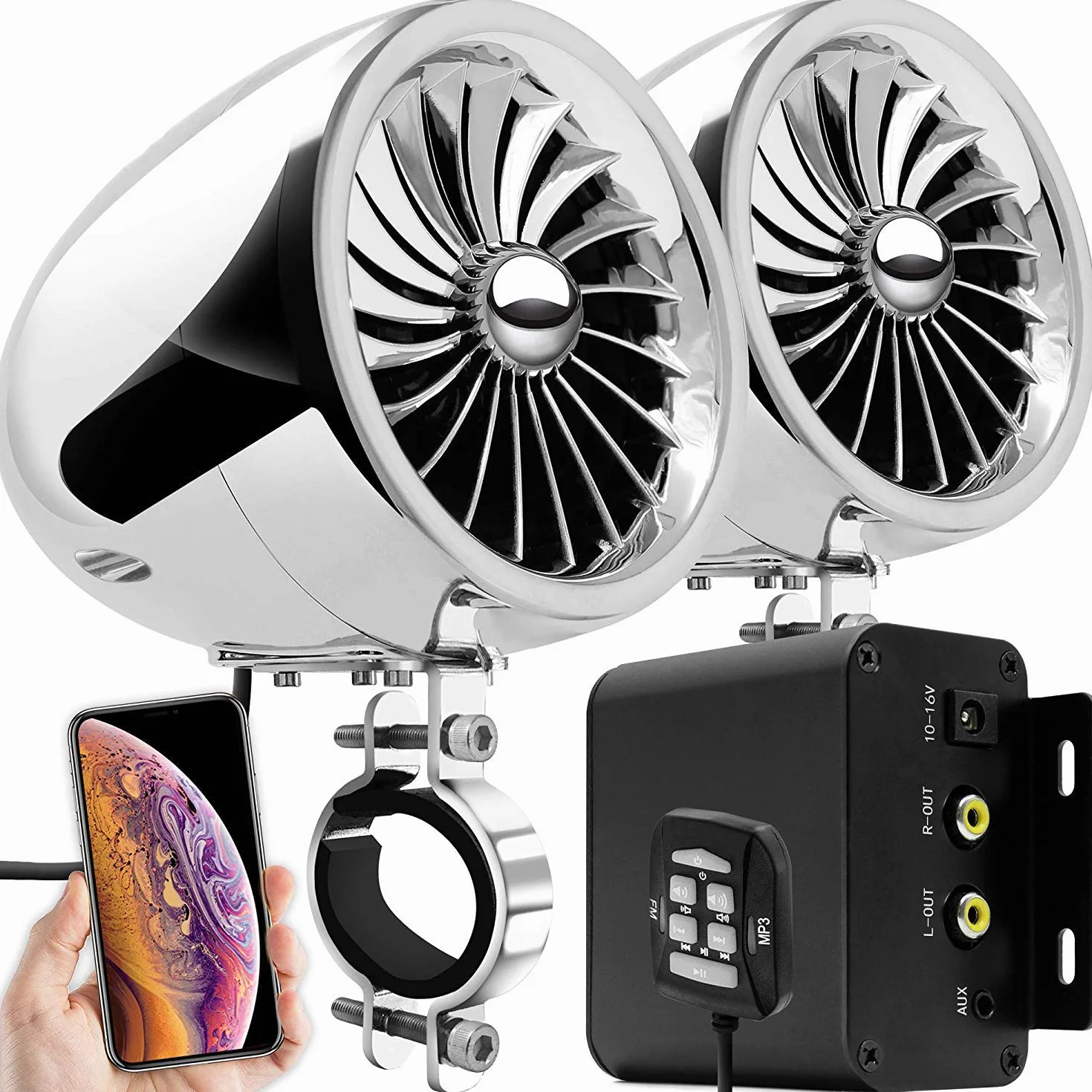 M150 Sistema de Audio con Amplificador de Moto con AUX, MP3, Radio FM, 4 Pulgadas de Altavoces estéreo Bluetooth Impermeables para Motocicletas ATV UTV RZR (Cromo, Ventilador)