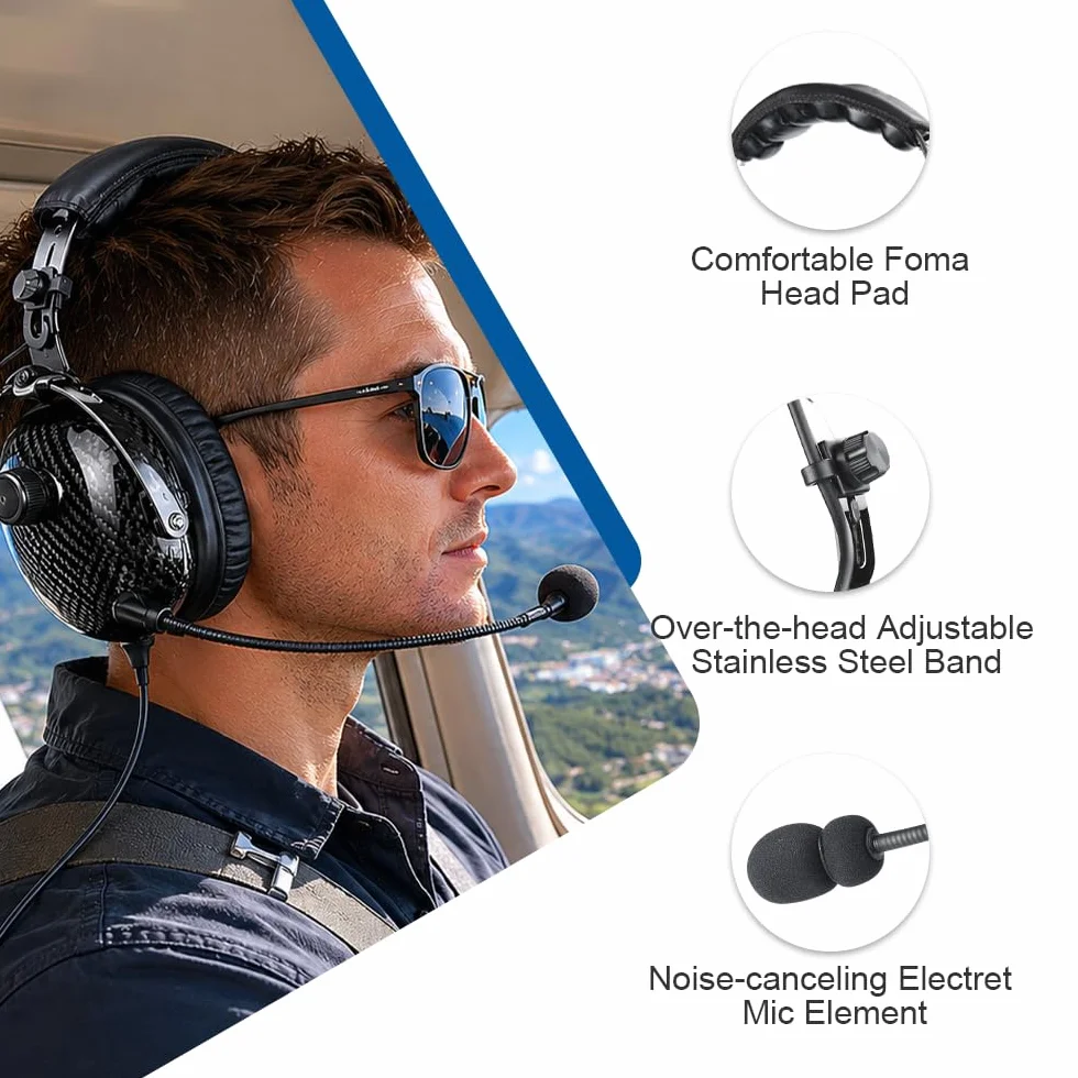 Auriculares de aviación de fibra de carbono con reducción de ruido pasiva, compatibilidad mono y estéreo, micrófono con cancelación de ruido, entrada MP3, incluye bolsa para