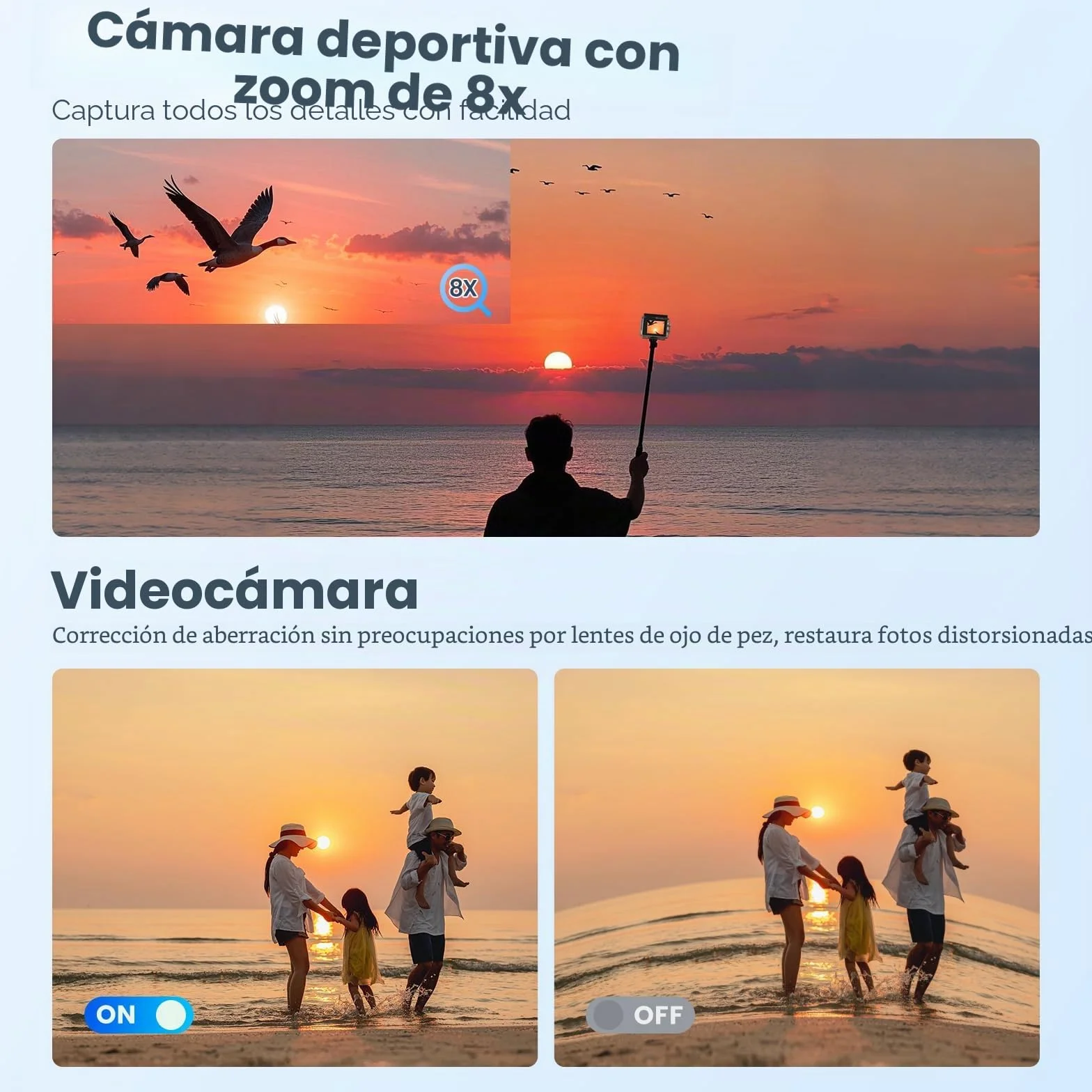 Cámara Deportiva 4K 60FPS WiFi EIS Antivibración 48MP Subacuática 40M 8X Zoom 64GB 2 Baterías 1350mAh